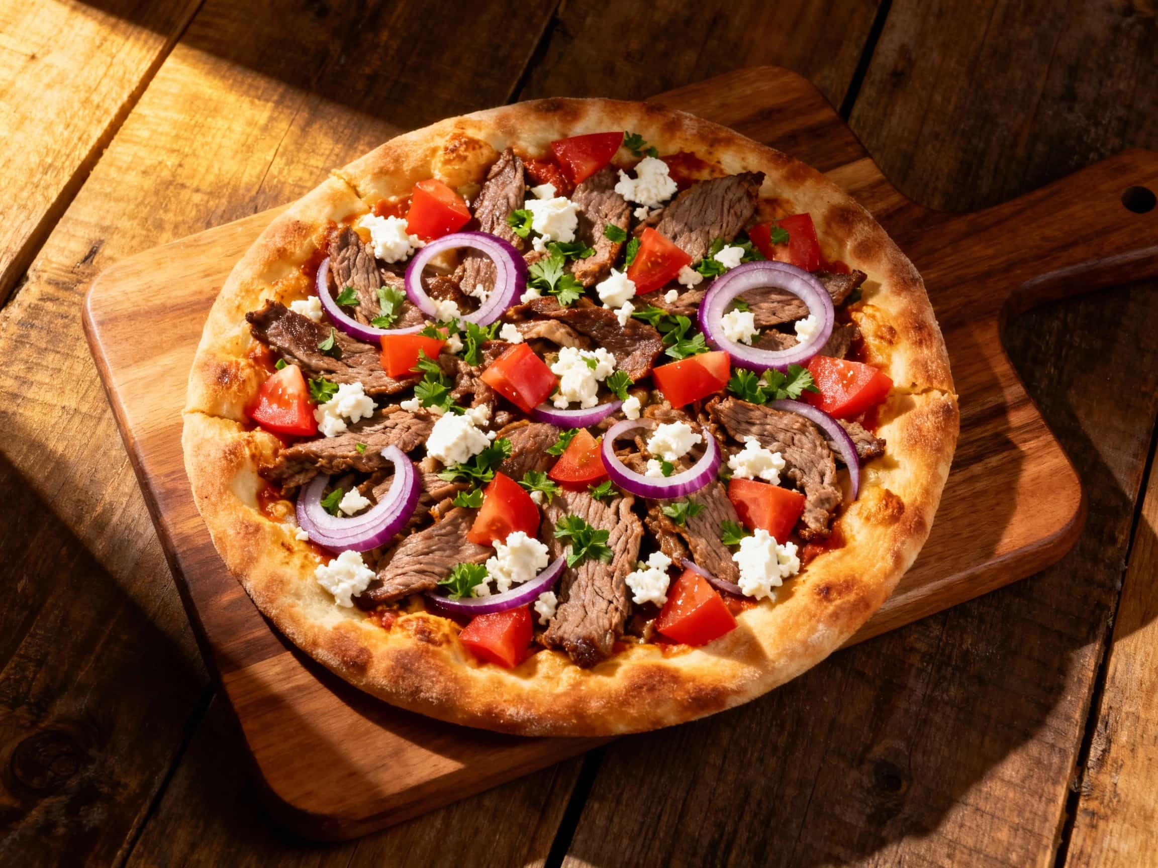 A stunning, freshly baked Lamb Gyro Greek Pizza presented on a rustic wooden pizza peel. The pizza is richly laden with seasoned lamb, melted mozzarella, and crumbled feta cheese, creating a visually appealing foundation. Colorful toppings include dark, sliced Kalamata olives, translucent red onion rings, and vibrant diced tomatoes. A creamy white tzatziki sauce is artistically drizzled over the e