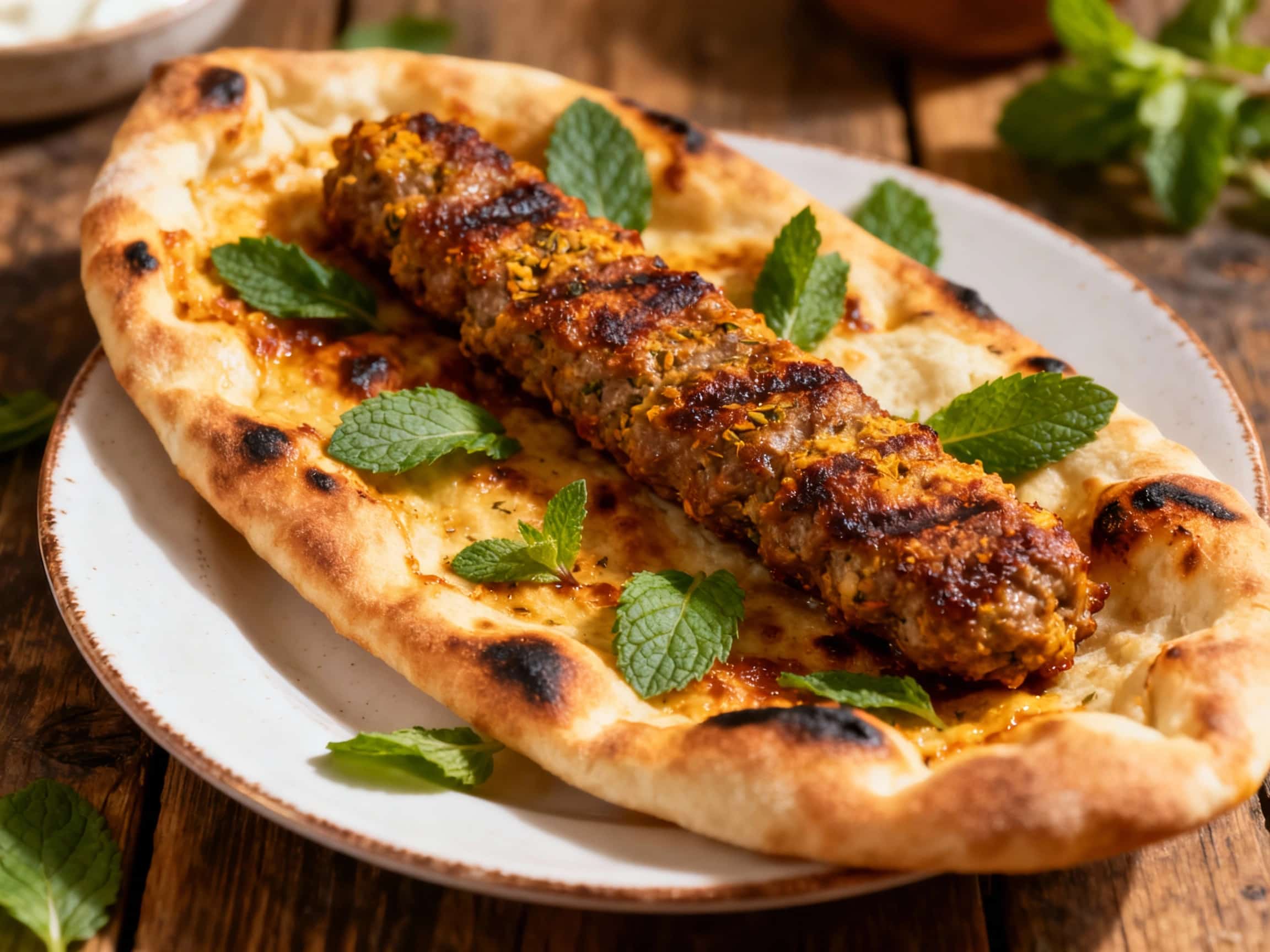 A freshly baked Turkish pide featuring a golden-brown, boat-shaped crust filled with savory lamb kofta and topped with vibrant fresh mint. The pide is sliced and presented on a rustic wooden board, emphasizing its warm, inviting appearance and rich textures, against a softly blurred background.