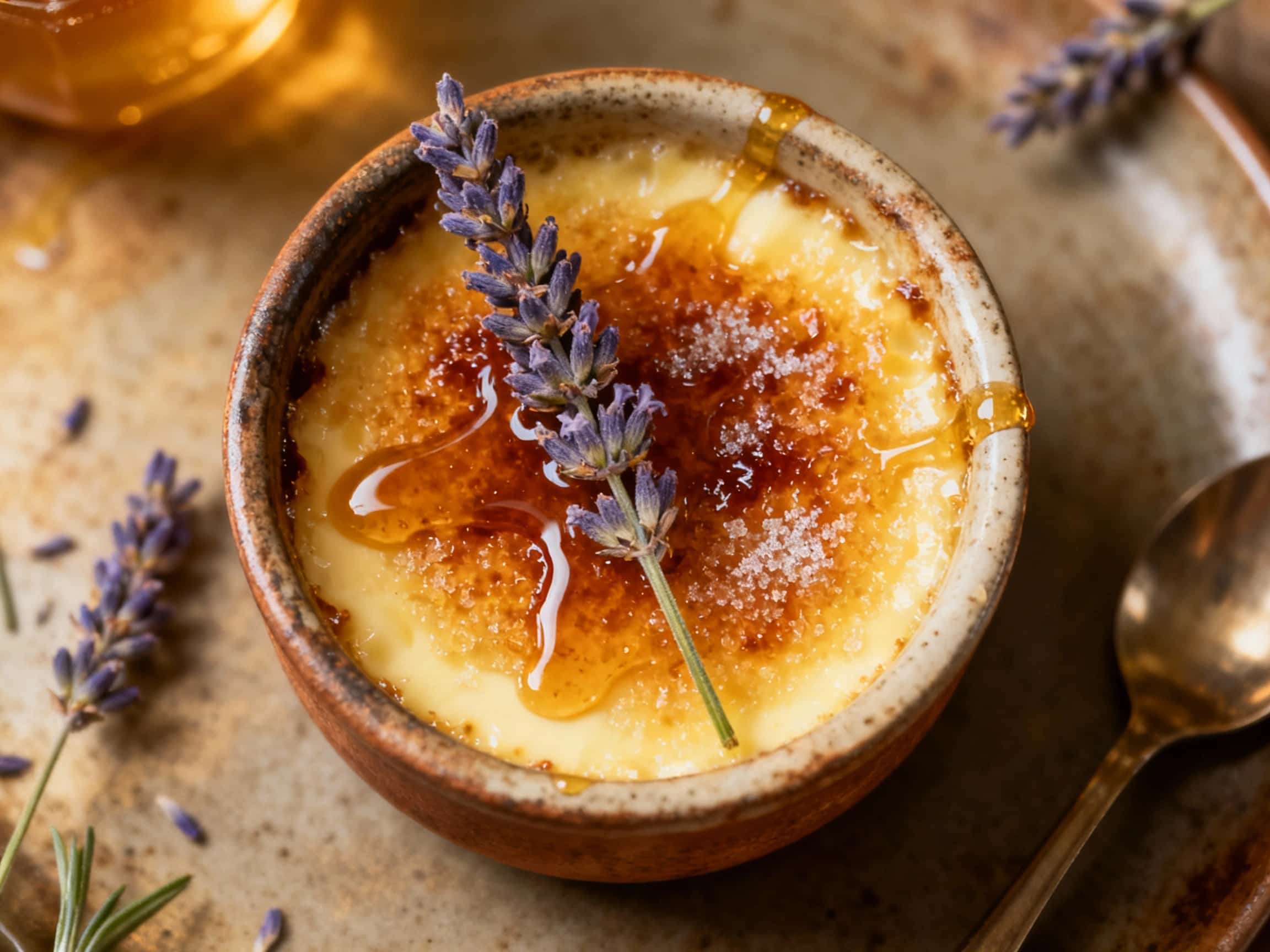 A delicate lavender honey crème brûlée is served in a ramekin, its caramelized sugar crust shimmering under warm light, topped with wisps of fresh lavender sprigs.