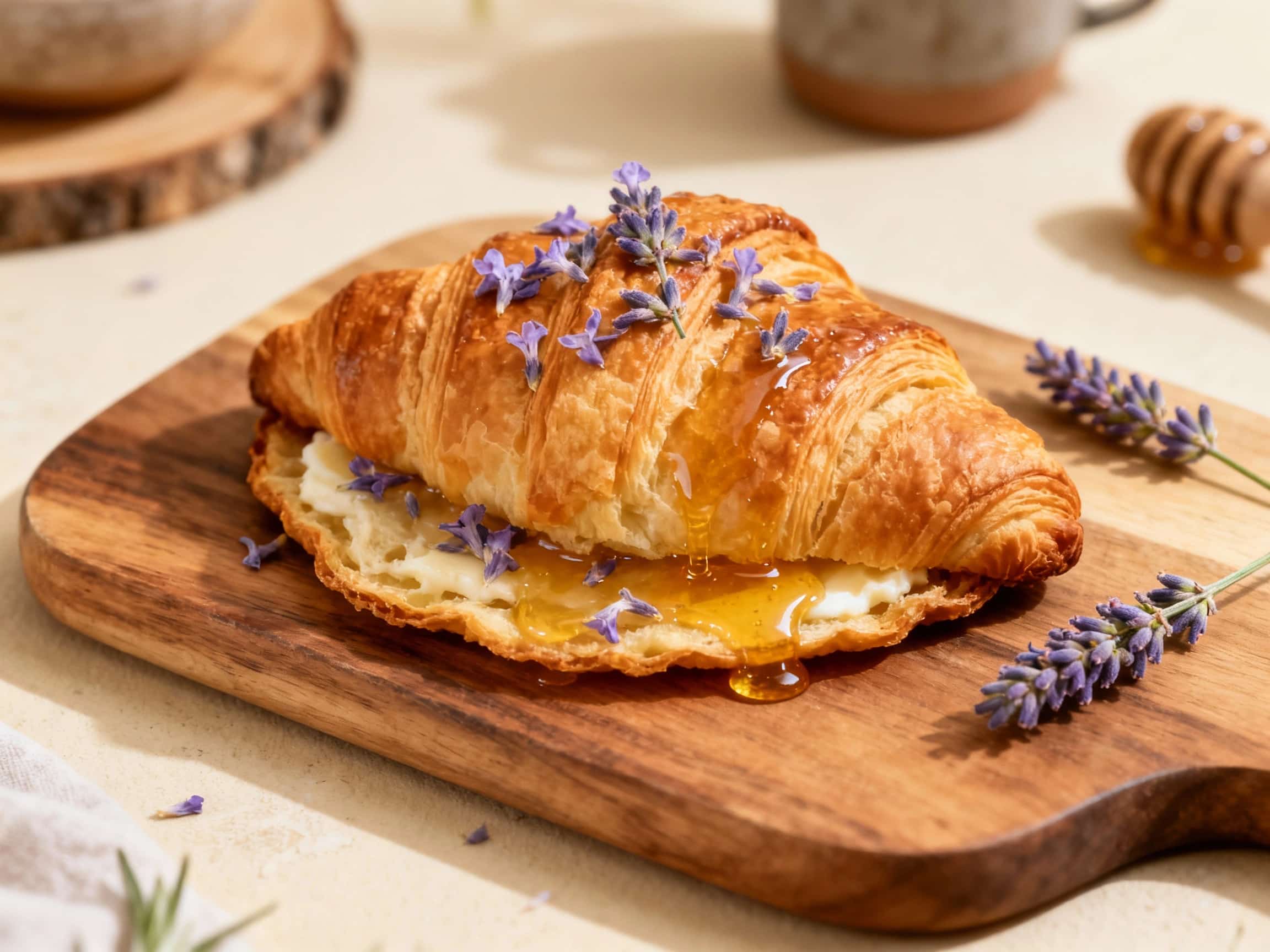 A close-up view of a golden-brown Lavender Honey Croissant Galette on a pristine white marble countertop. The galette has a beautifully flaky, puffed crust, liberally drizzled with clear, sweet honey that catches the light. Delicate dried lavender buds are scattered across its surface, adding a pop of purple. The background is softly blurred, focusing all attention on the inviting pastry.