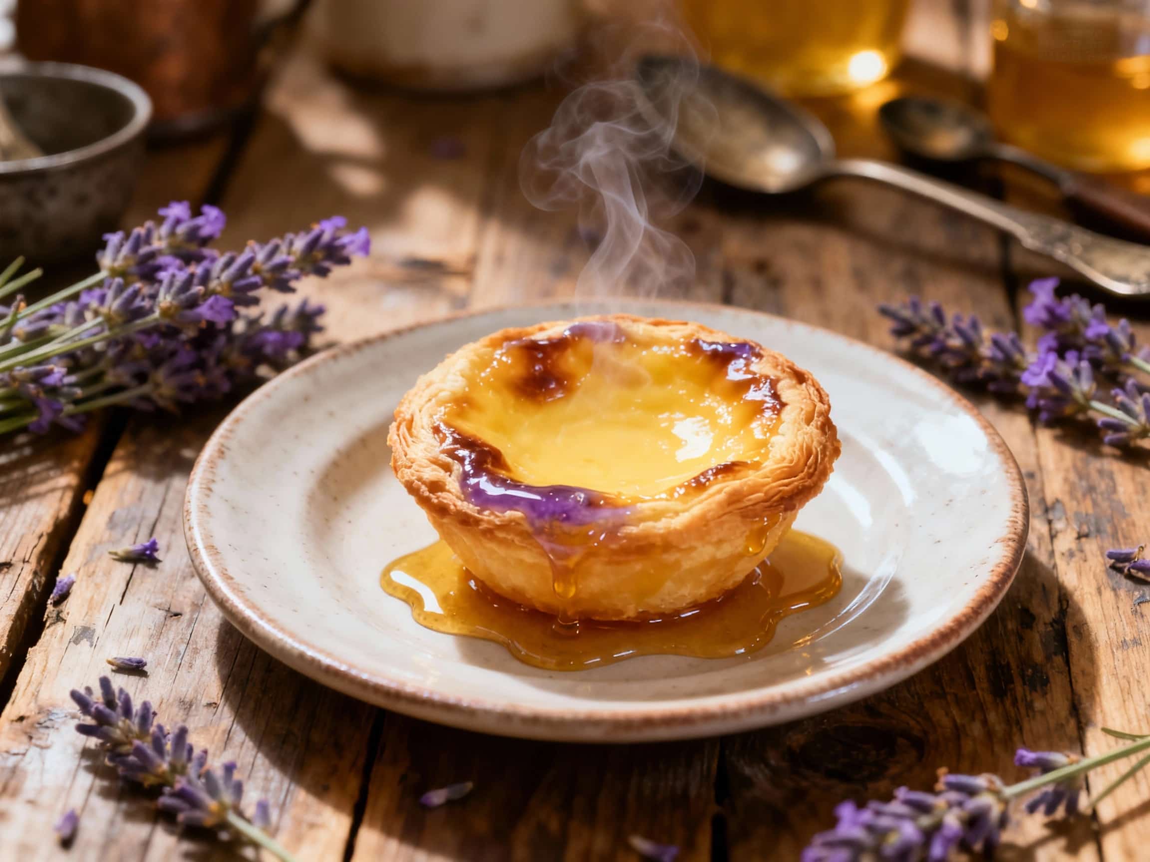 Golden-brown, flaky individual custard tarts, dusted with powdered sugar, sit invitingly on a rustic wooden board, their creamy centers slightly brûléed under warm light.
