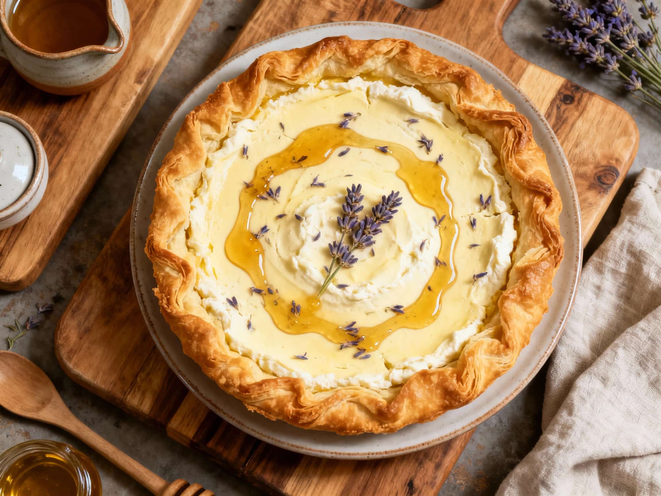 A close-up, overhead view of a slice of lavender honey ricotta pie on a rustic white ceramic plate. The pie features a smooth, creamy light yellow ricotta filling speckled with tiny purple lavender buds, and is glistening with a light drizzle of golden honey. The golden, flaky crust is visible on the sides and bottom of the slice. A fresh sprig of lavender decorates the plate, suggesting elegance