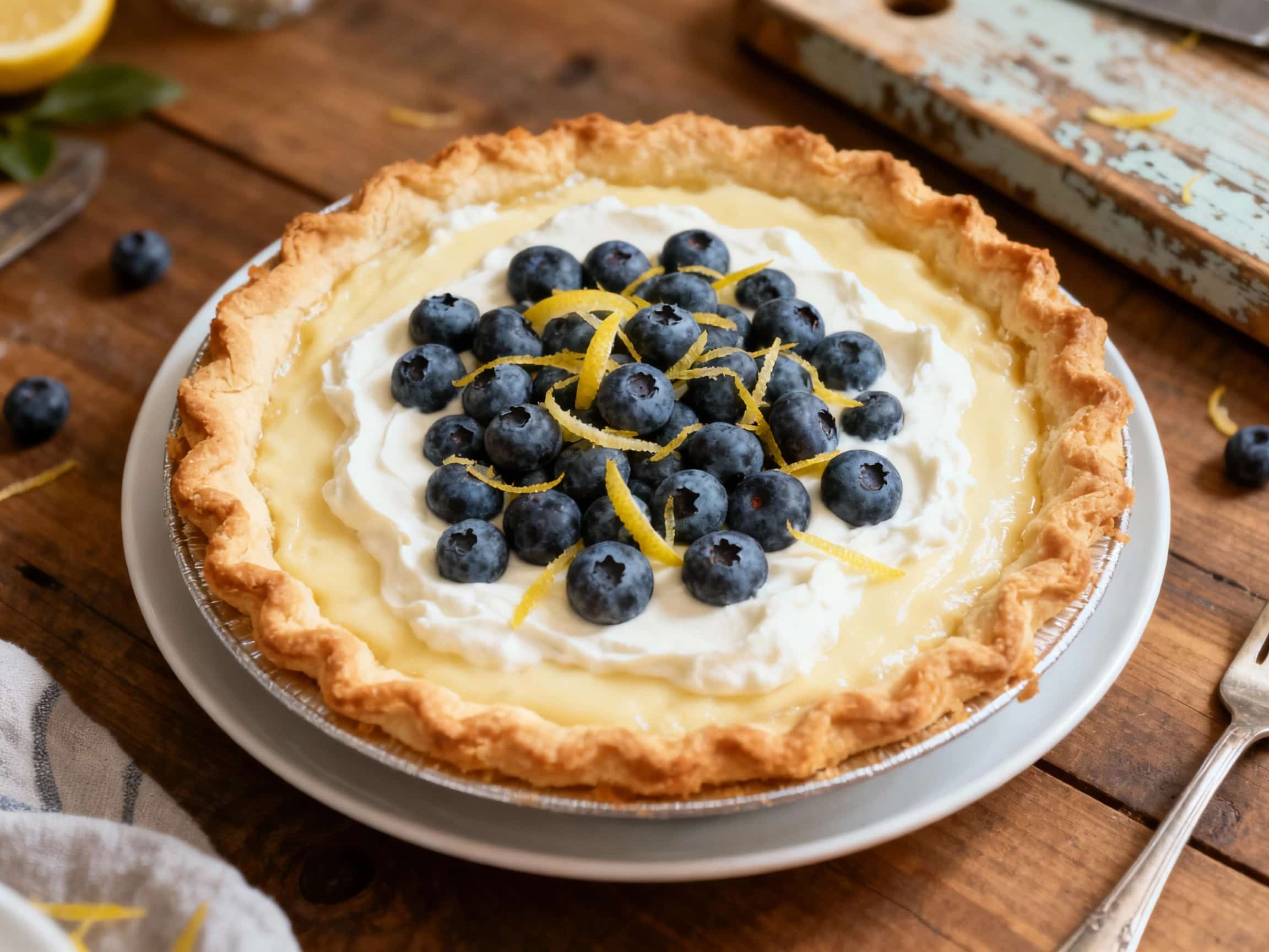 A slice of creamy lemon blueberry mascarpone pie rests on a white plate, garnished with fresh blueberries and a sprig of mint, catching the warm afternoon light.