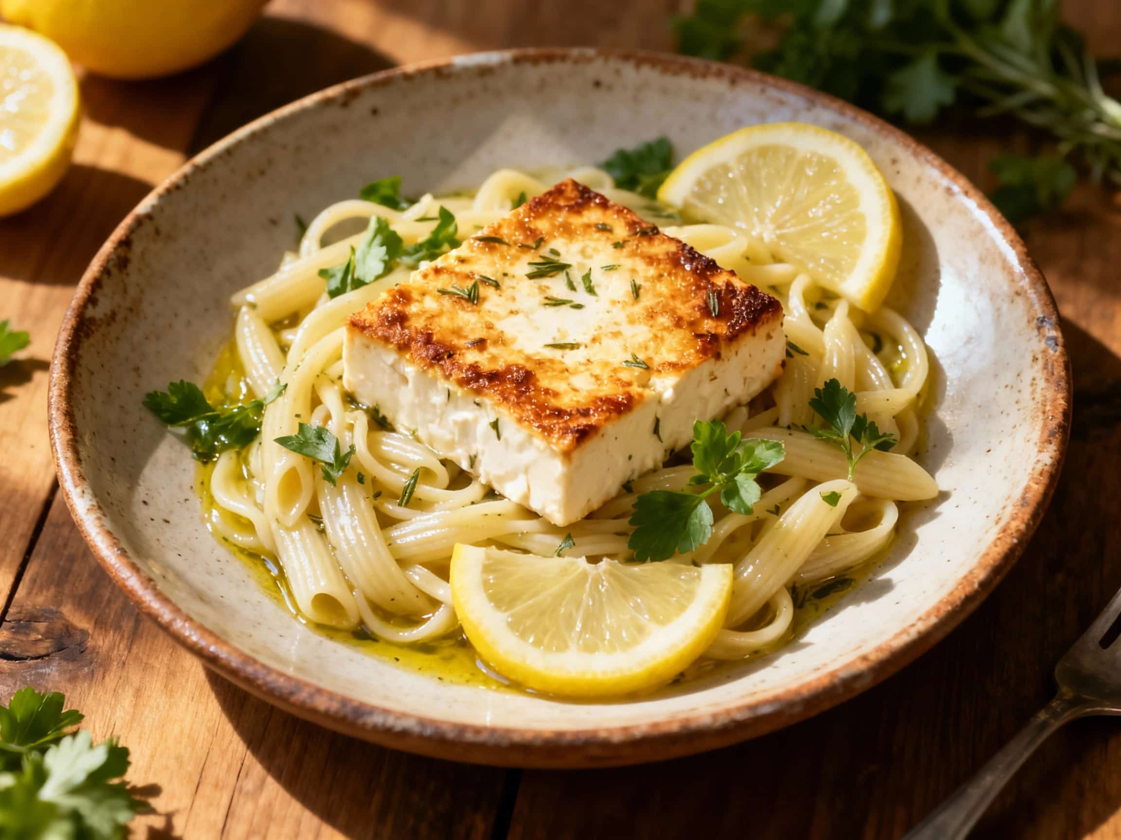 A close-up shot of Lemon Herb Baked Feta Pasta in a white ceramic bowl. The pasta is coated in a creamy, orange-tinted sauce from the melted feta and blistered cherry tomatoes. Visible are fresh green basil leaves, chopped parsley, and slivers of lemon peel, adding a vibrant contrast. The dish looks rich and comforting.