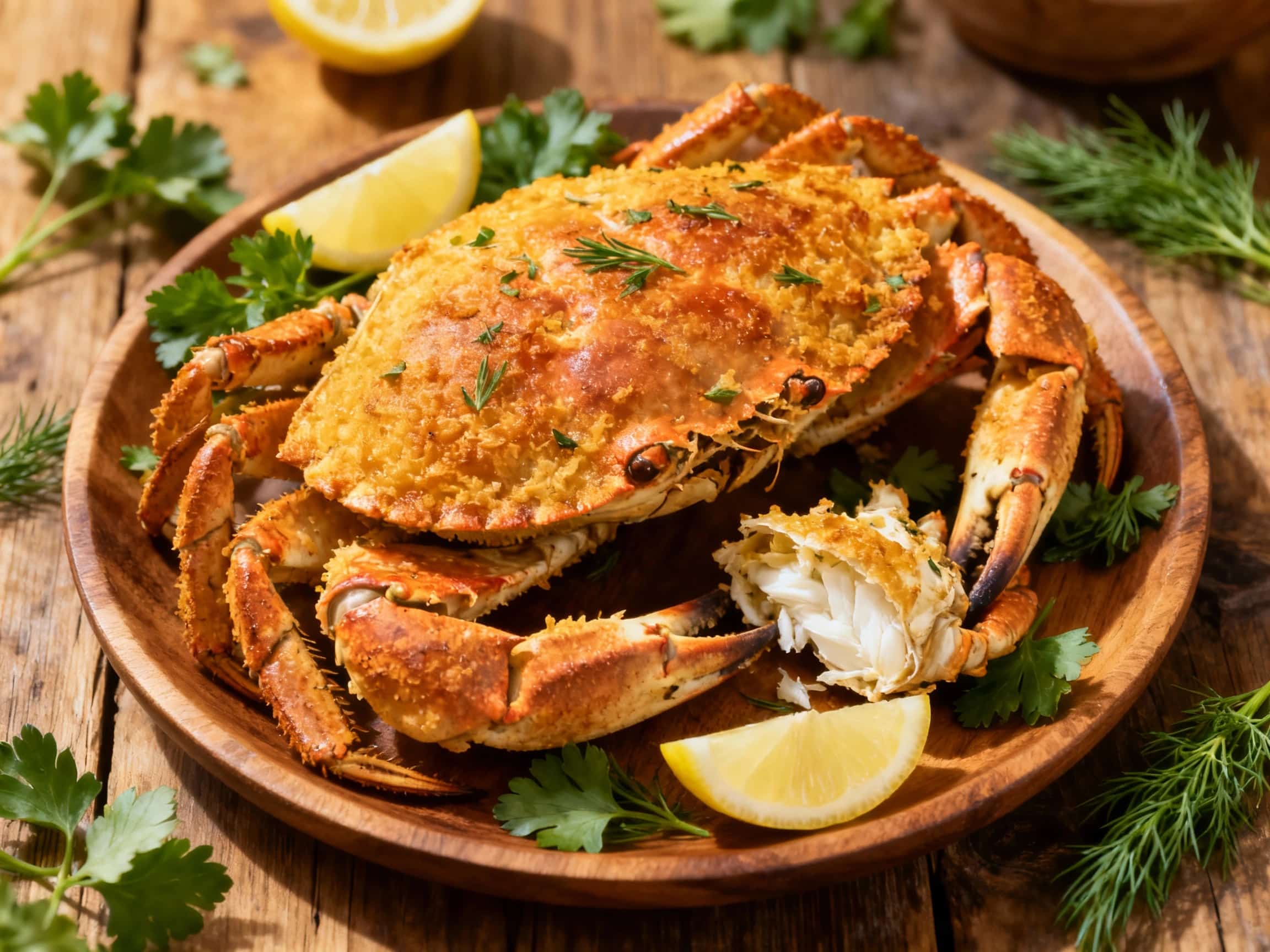 A whole crab, glistening with lemon herb butter, is baked to perfection and served steaming hot on a white platter, ready to be enjoyed.