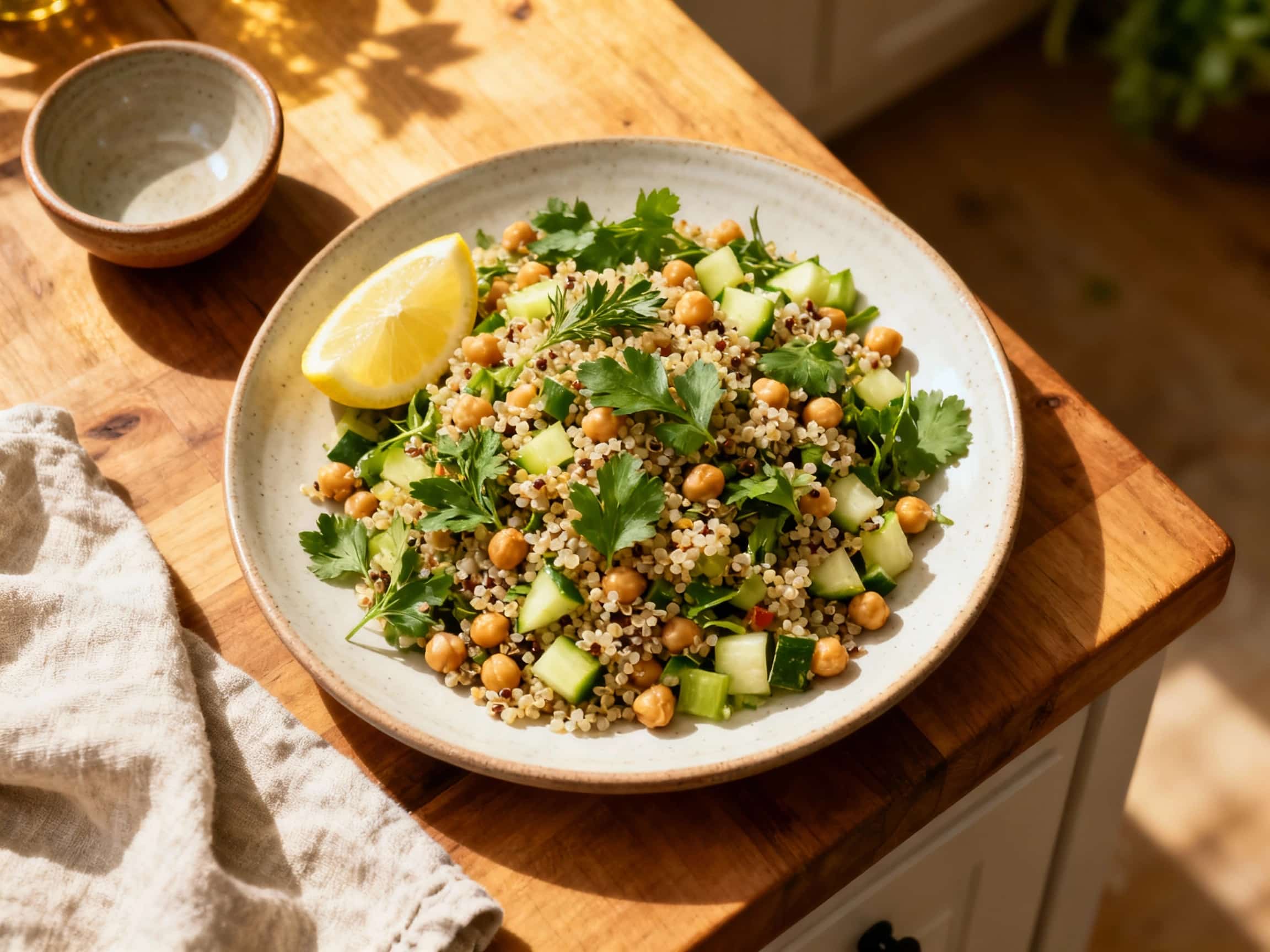 A refreshing lemon herb quinoa and chickpea salad is generously portioned in a white ceramic bowl, topped with fresh parsley and a lemon wedge, ready for a light and healthy meal.