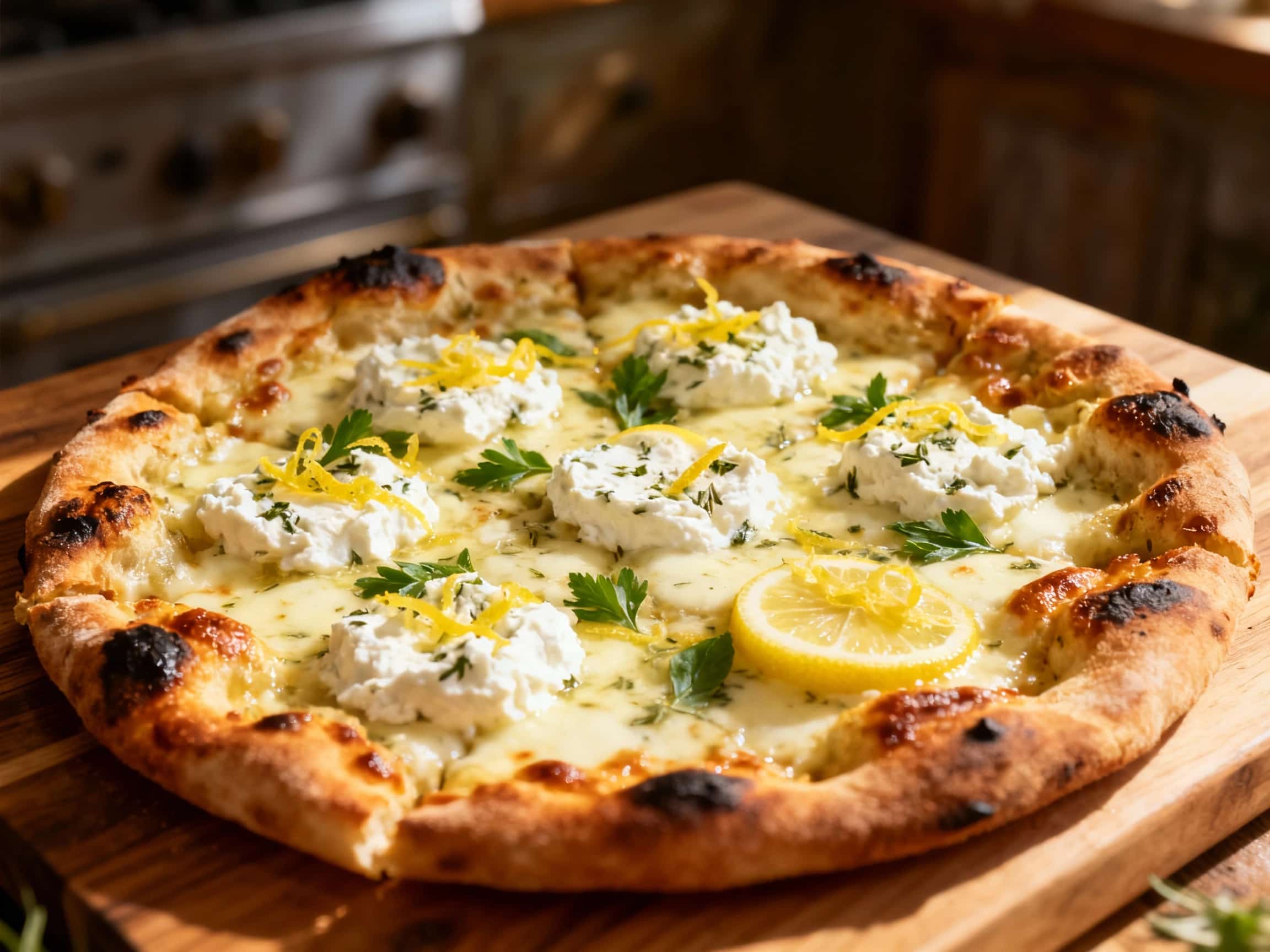 A rectangular slice of Grandma pizza, rich with creamy ricotta cheese, is presented from an overhead perspective. The topping is generously adorned with finely chopped fresh green herbs like basil, parsley, and chives, alongside bright yellow lemon zest, creating a vibrant contrast against the white cheese. A subtle sheen of olive oil adds to its allure. The golden-brown, slightly crispy crust of