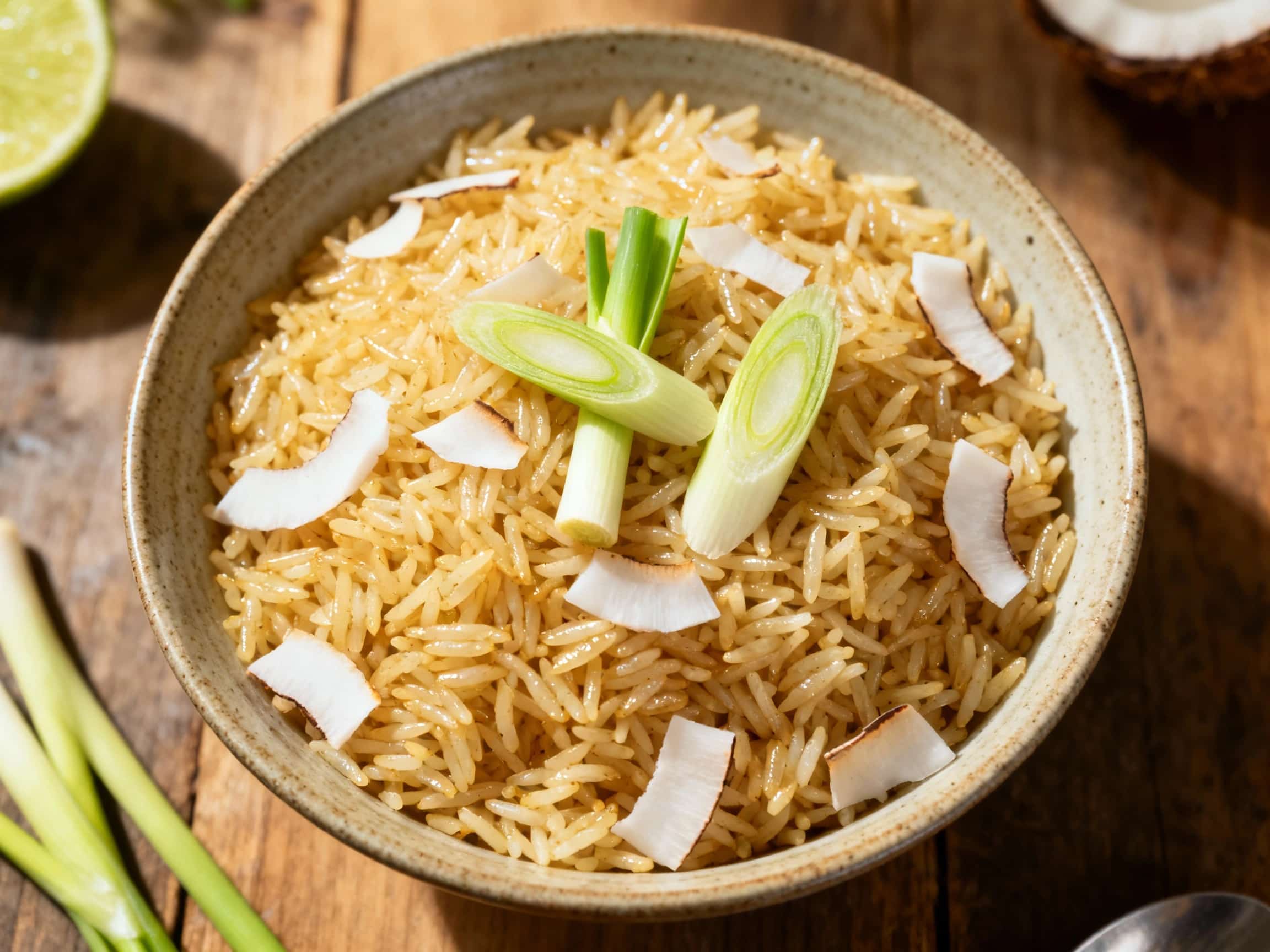 Fluffy basmati rice, tinted pale yellow, is tossed with vibrant green herbs and tender snow peas in a creamy coconut milk sauce, ready to be served.