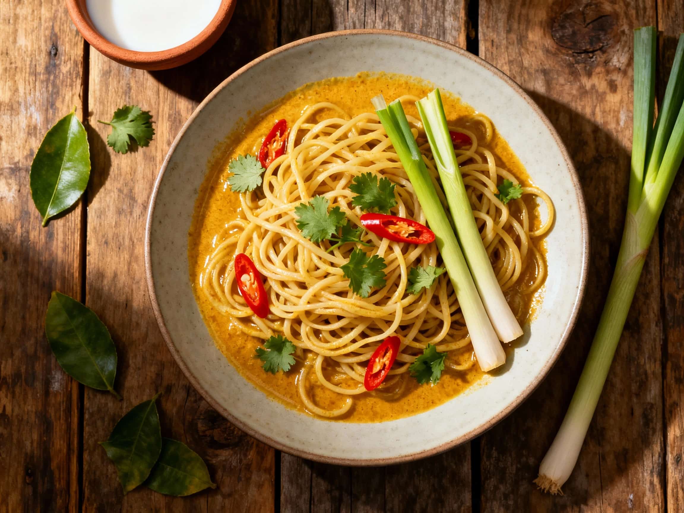 A vibrant bowl of lemongrass coconut curry noodles steams invitingly, topped with fresh cilantro and chili slices, promising a rich and aromatic flavor experience.