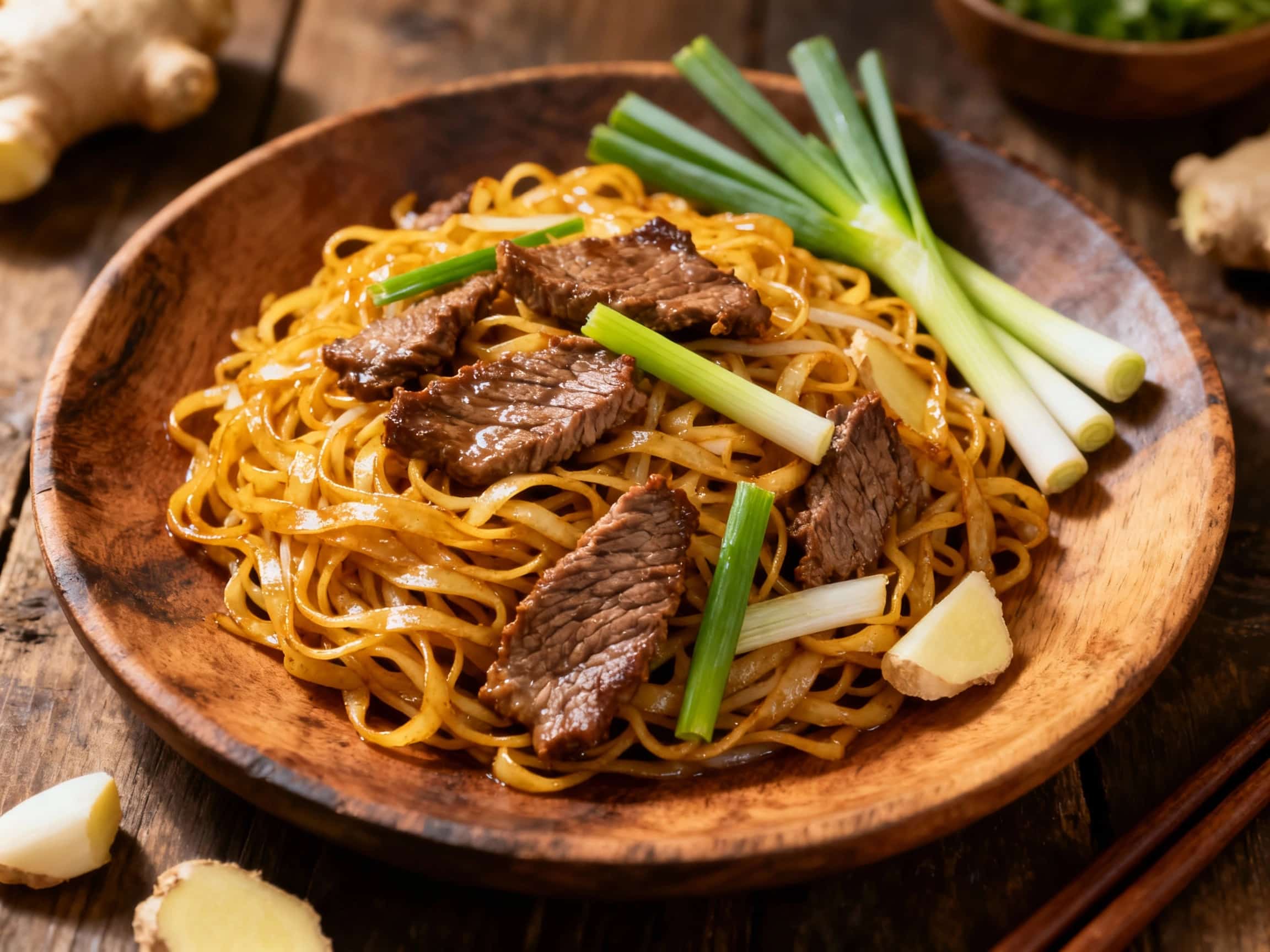 An enticing, steaming bowl of Lemongrass Ginger Beef Chow Fun, showcasing glossy wide rice noodles tossed with succulent flank steak, colorful bell peppers, and vibrant green snow peas. The dish is generously garnished with fresh cilantro and thinly sliced red chilies, highlighting its rich textures and inviting aroma. It's presented in a warm, rustic bowl, evoking a sense of comfort and authentic