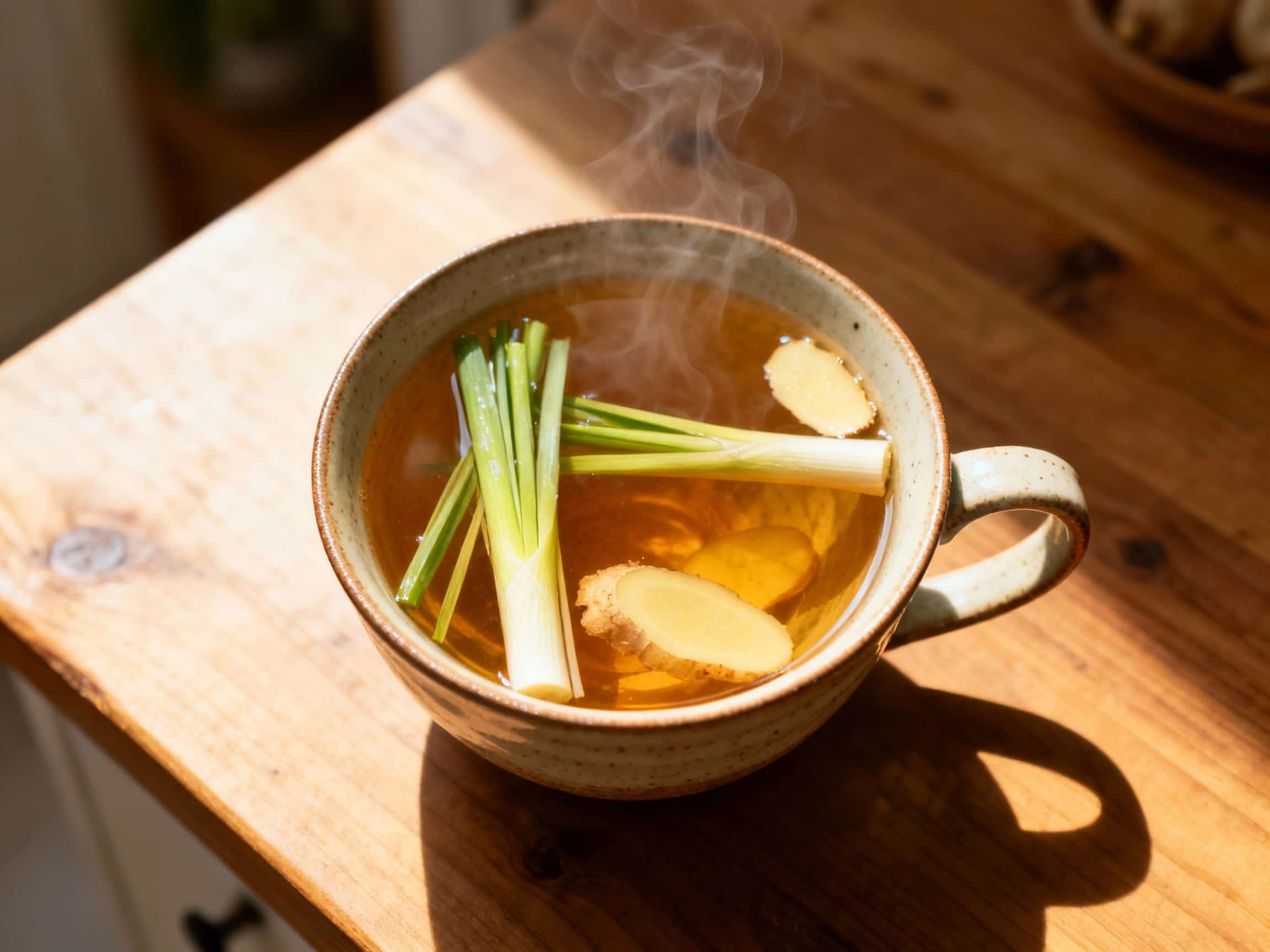 Steaming, pale golden lemongrass ginger detox tea fills a clear glass mug, garnished with fresh mint sprigs and thin slices of ginger, on a light wooden surface.