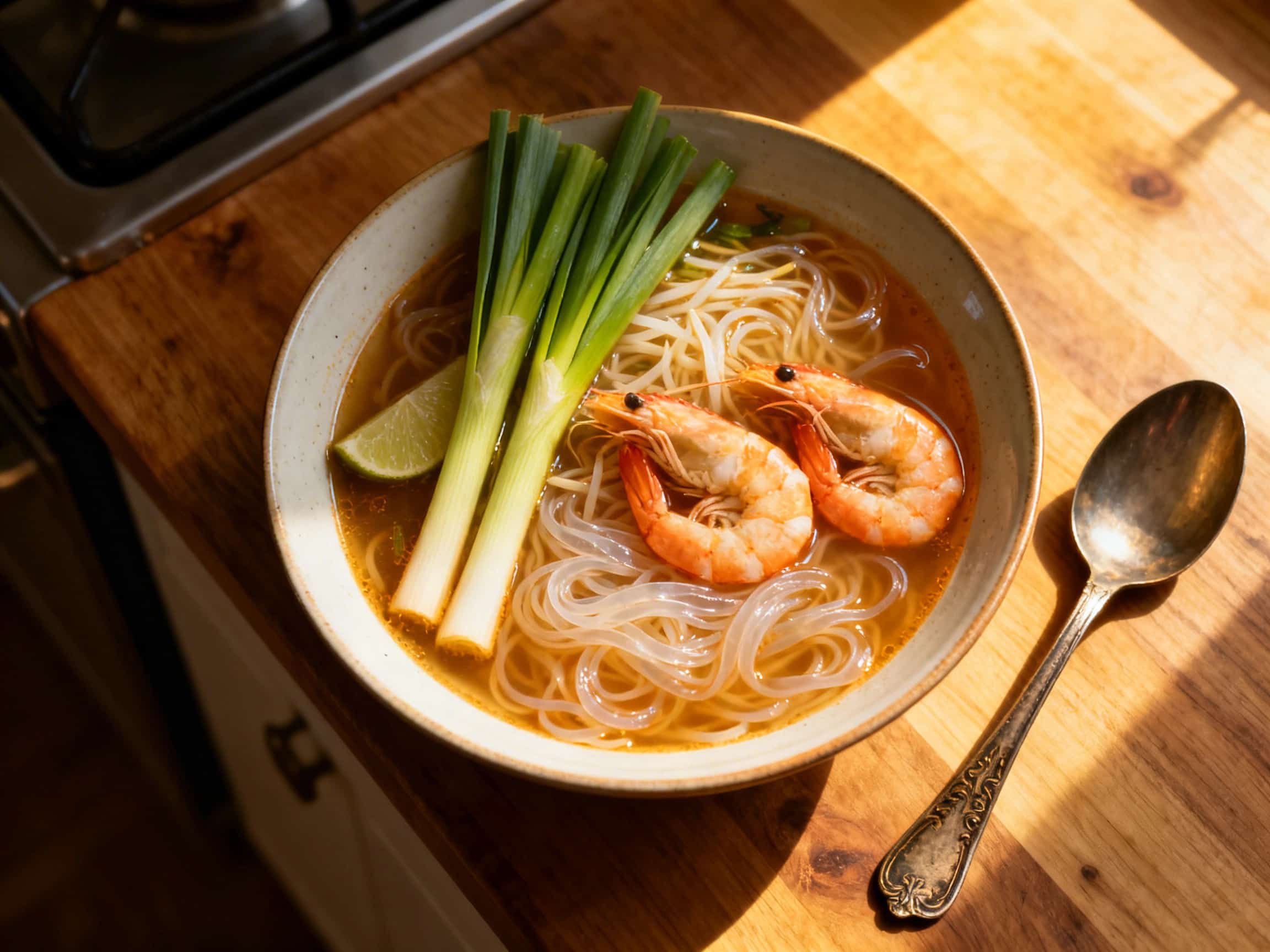 A vibrant and aromatic bowl of Lemongrass Shrimp Noodle Soup, presented from a top-down perspective. Plump, pink shrimp and delicate rice noodles are submerged in a clear, golden broth, fragrant with lemongrass and chili. Fresh green cilantro and mint leaves are scattered generously on top, providing a beautiful color contrast. A bright green lime wedge sits on the rim of the bowl, ready to be squ