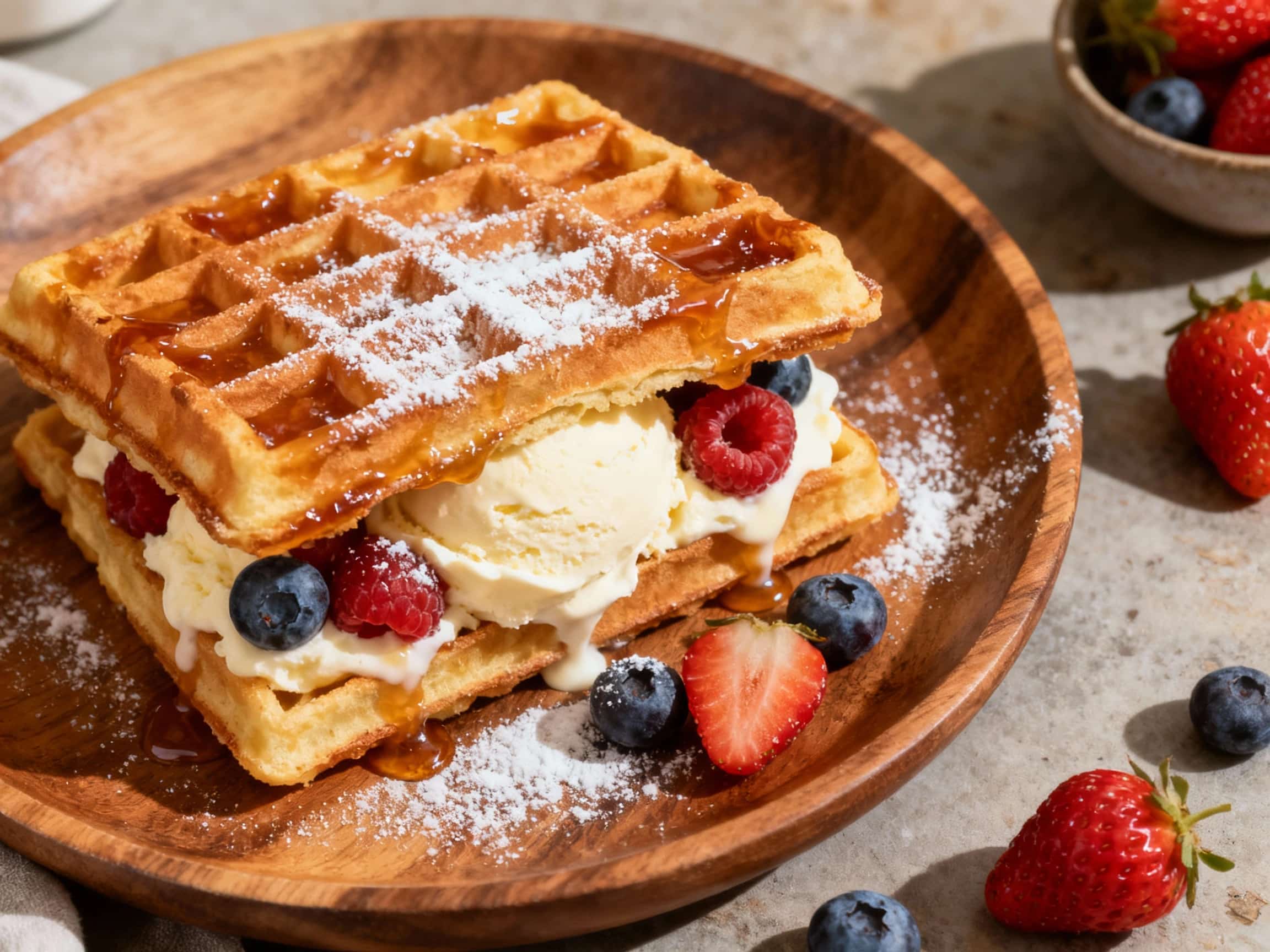 A decadent Liege waffle ice cream sandwich sits on a white plate, with vanilla ice cream peeking out and a drizzle of chocolate sauce adding a rich detail.