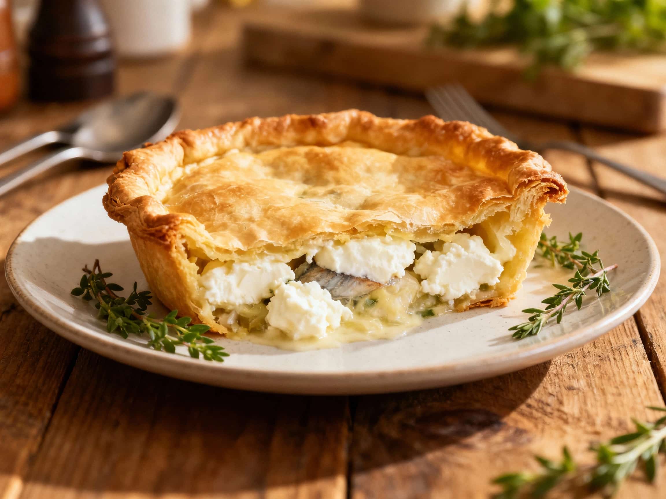 A golden-brown Maltese fish pie, topped with fluffy ricotta, is baked to perfection and served in a rustic ceramic dish, ready to be enjoyed.