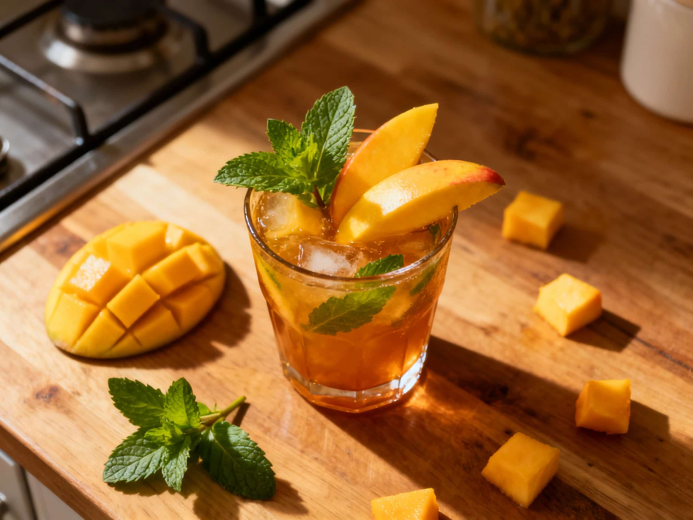 A vibrant Mango Mojito Delight cocktail fills a tall glass, bursting with the colors of fresh mango and mint. Crushed ice twinkles, and a perfectly ripe mango slice and a green mint sprig adorn the rim, hinting at a sweet, tangy, and utterly tropical escape.