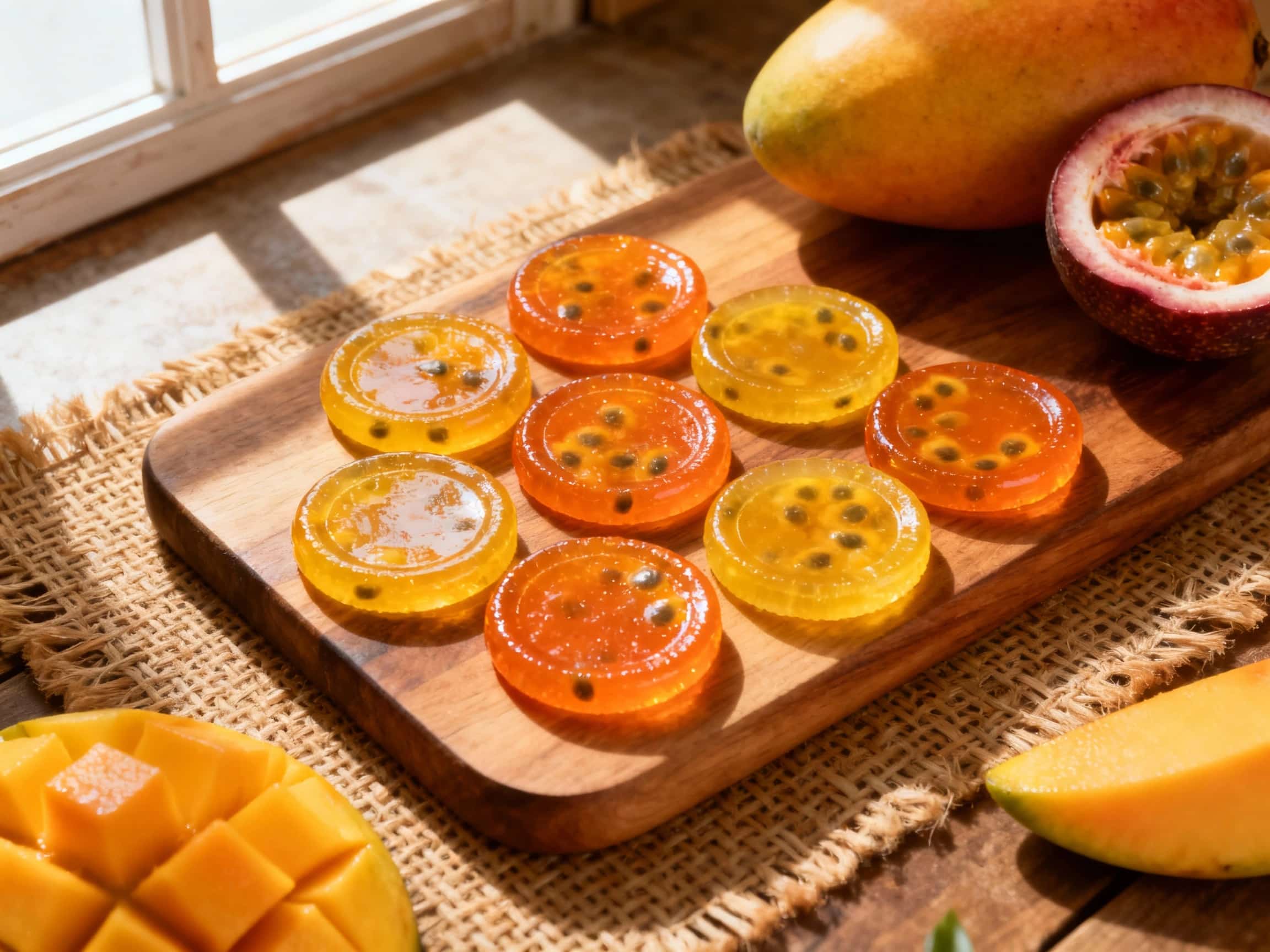 Vibrant, translucent mango and passionfruit gummy coins are artfully arranged on a white plate, glistening under soft light and garnished with a sprinkle of fine sugar.