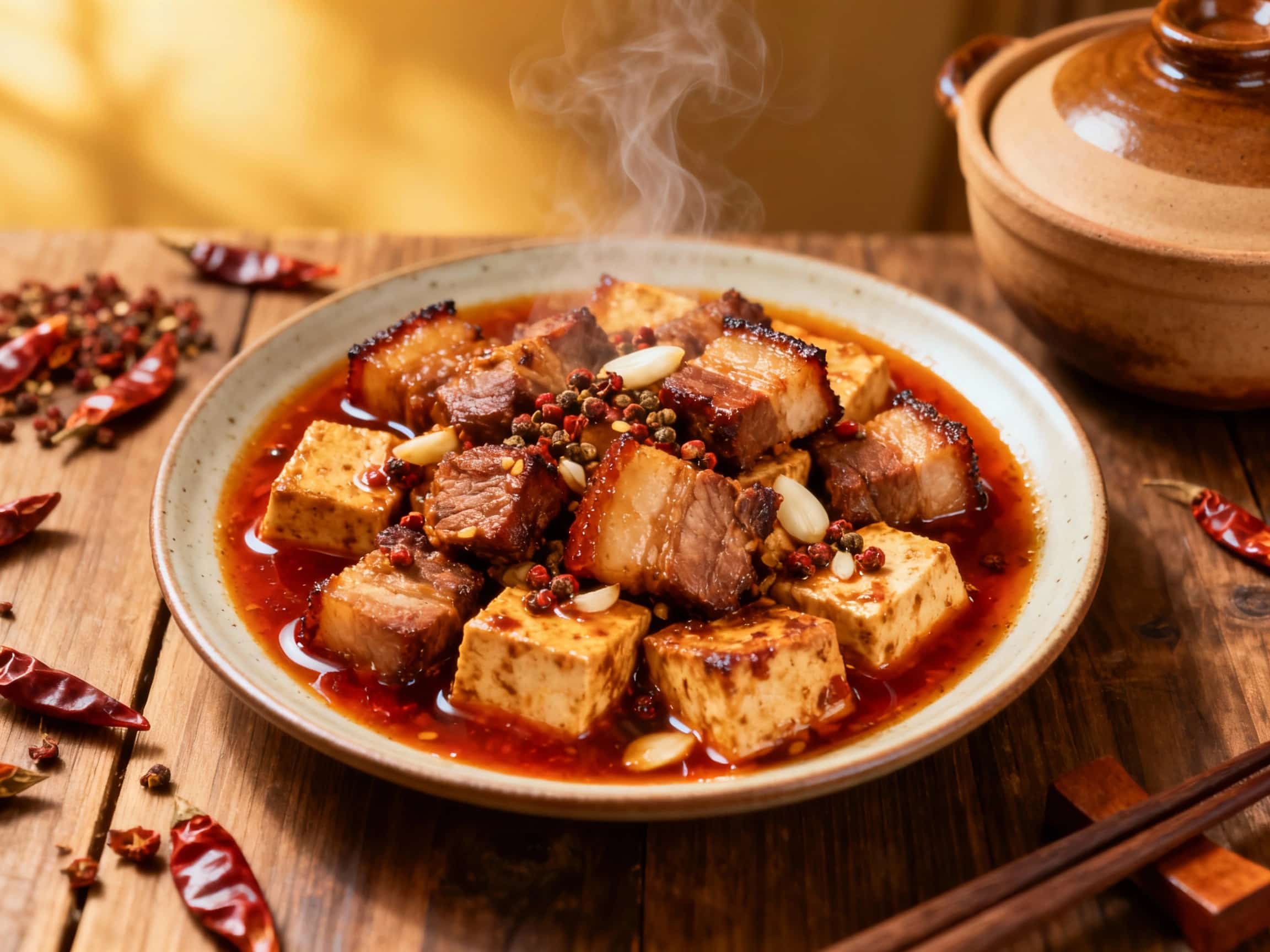 Tender, braised pork belly cubes, infused with the rich, spicy flavors of Mapo Tofu, glisten under warm light, nestled alongside silken tofu and a vibrant scattering of chili flakes and scallions.