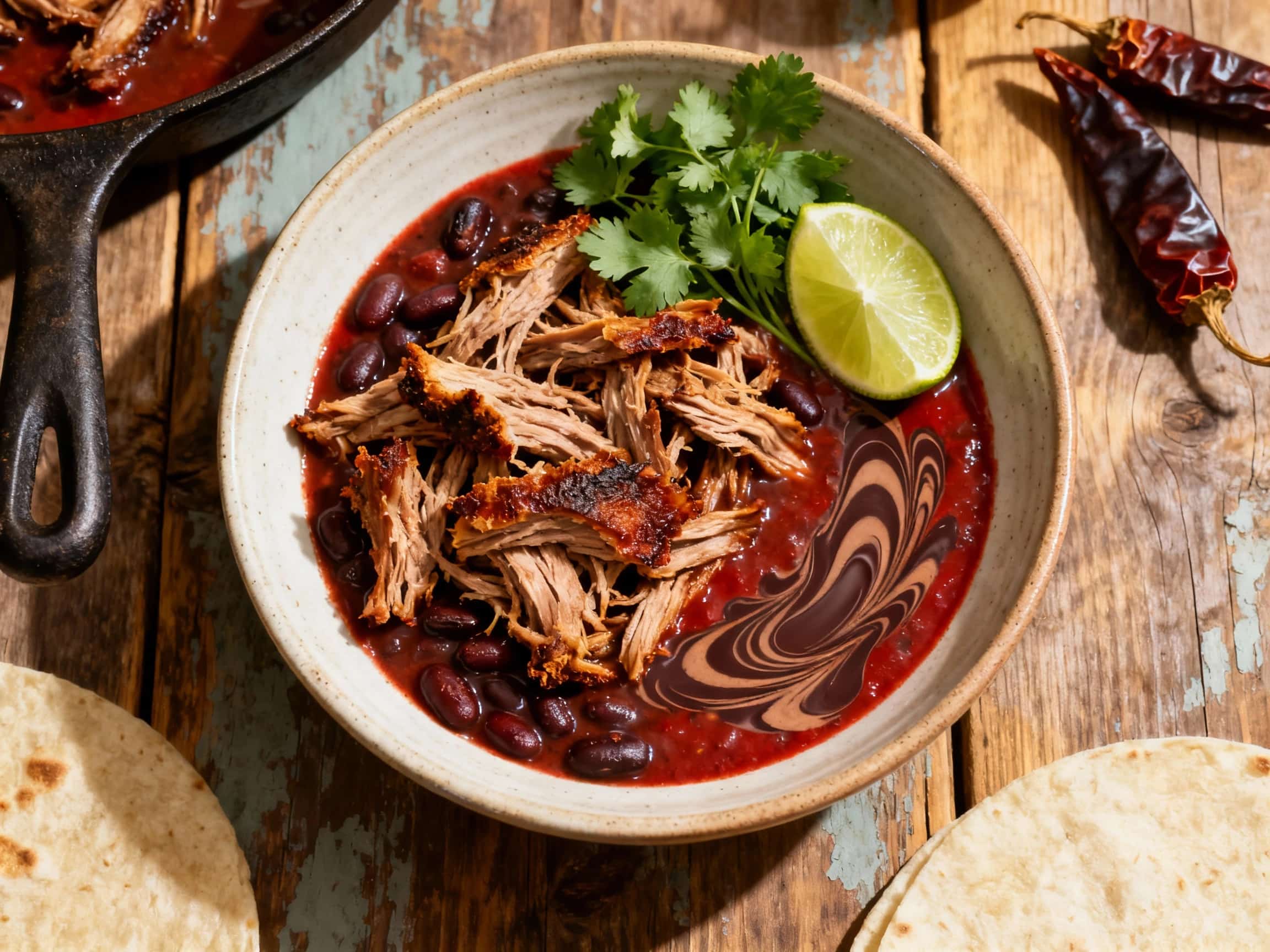 Tender, shredded pork carnitas are bathed in a rich, dark chili-chocolate sauce and piled high on a plate, garnished with fresh cilantro and a sliver of jalapeño.