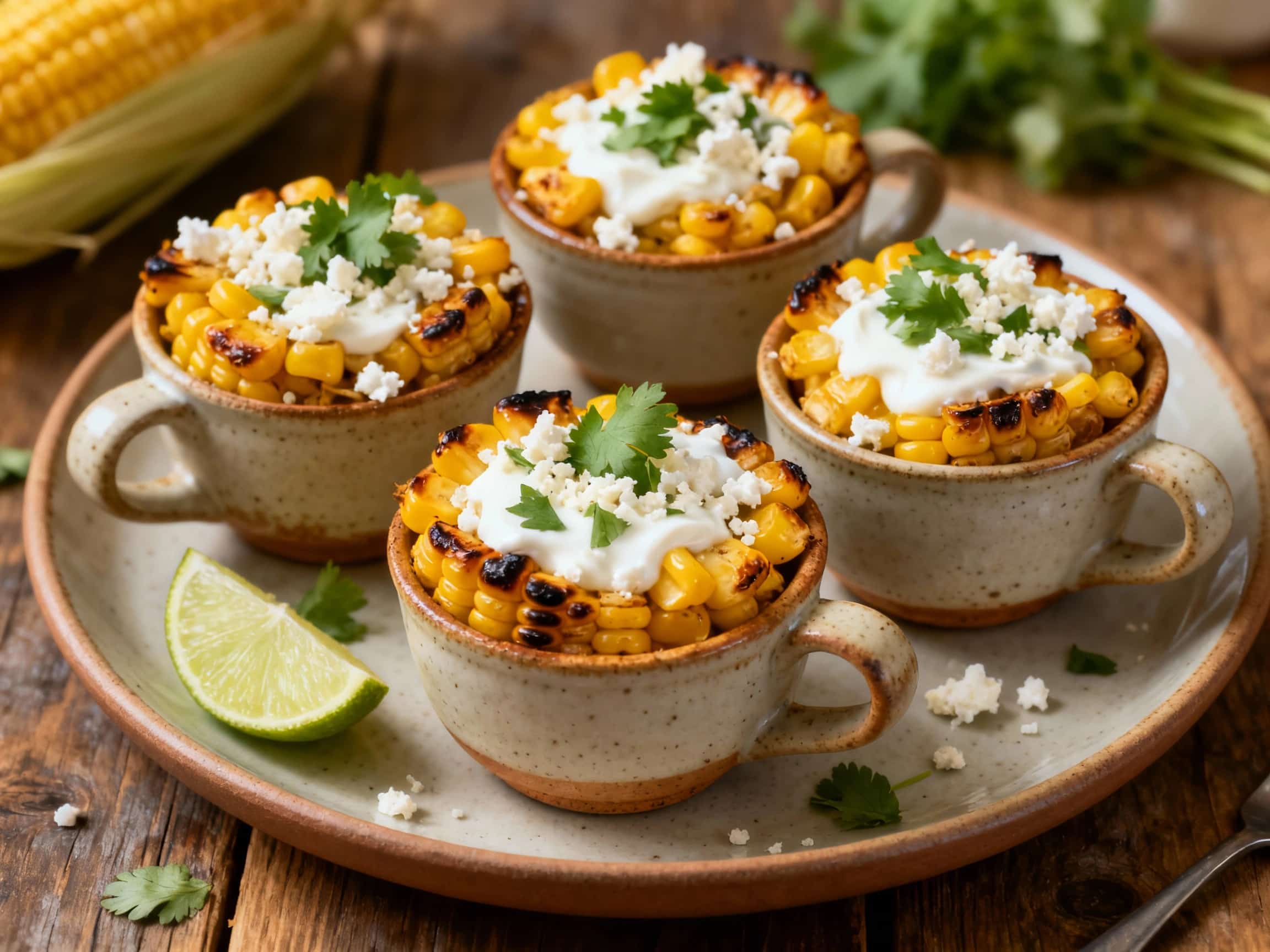 Several small, clear cups are filled to the brim with vibrant Mexican street corn, known as Elote. The juicy, golden corn kernels are coated in a rich, creamy white sauce, generously sprinkled with crumbled white cotija cheese and a dusting of red chili powder. Fresh green cilantro leaves are scattered on top, adding a pop of color and freshness. The cups rest on a rustic wooden surface, with a fe