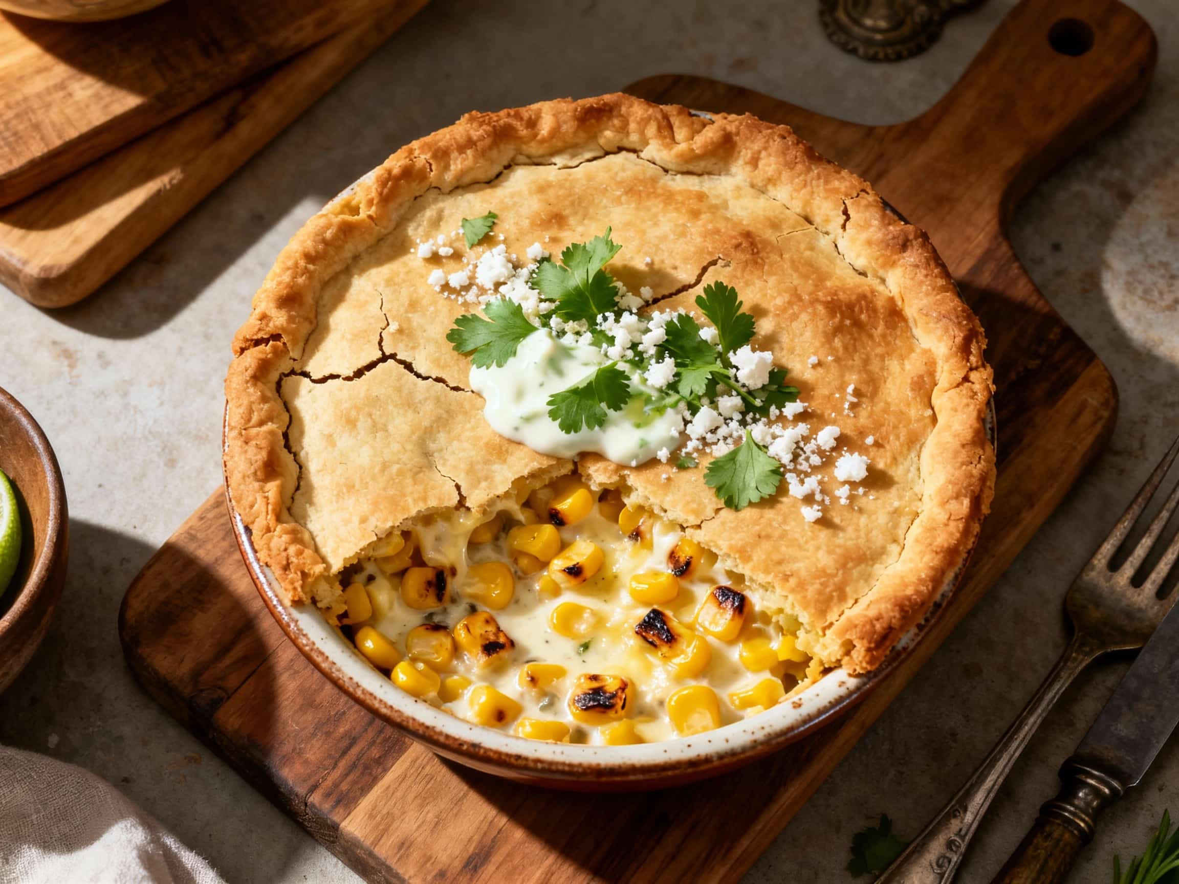 A warm, golden-brown Mexican Street Corn Pot Pie, fresh from the oven, displayed on a rustic wooden board. A slice has been carefully removed, revealing the creamy, flavorful filling of corn and chicken, accented with chipotle peppers. The top crust is flaky and golden, sprinkled with vibrant green cilantro and crumbly white cotija cheese, creating an inviting and visually appealing comfort food d