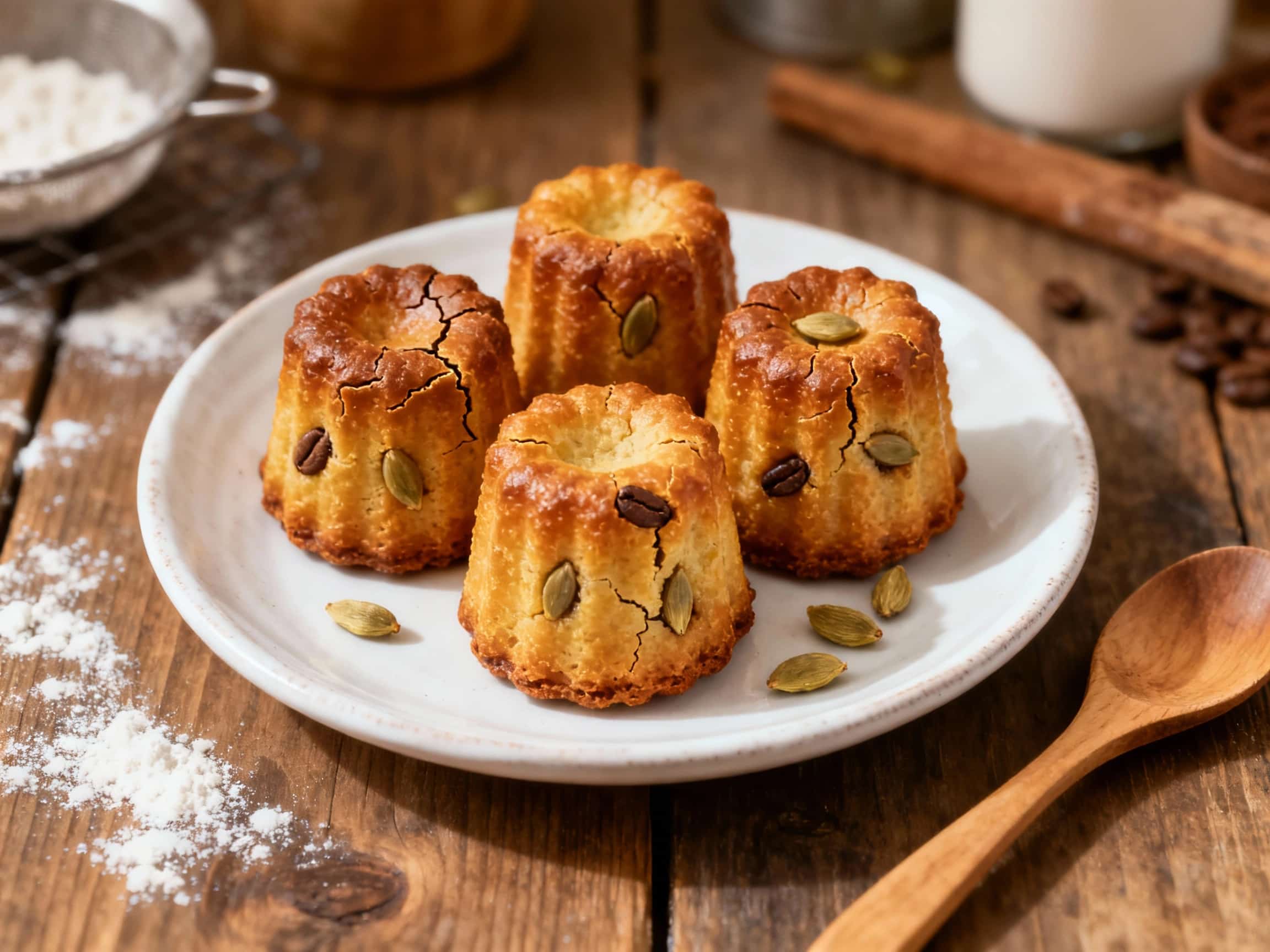 Golden-brown, impossibly crisp mini cannelés with dark caramelized tops, presented artfully on a rustic wooden board dusted with a whisper of cocoa powder.