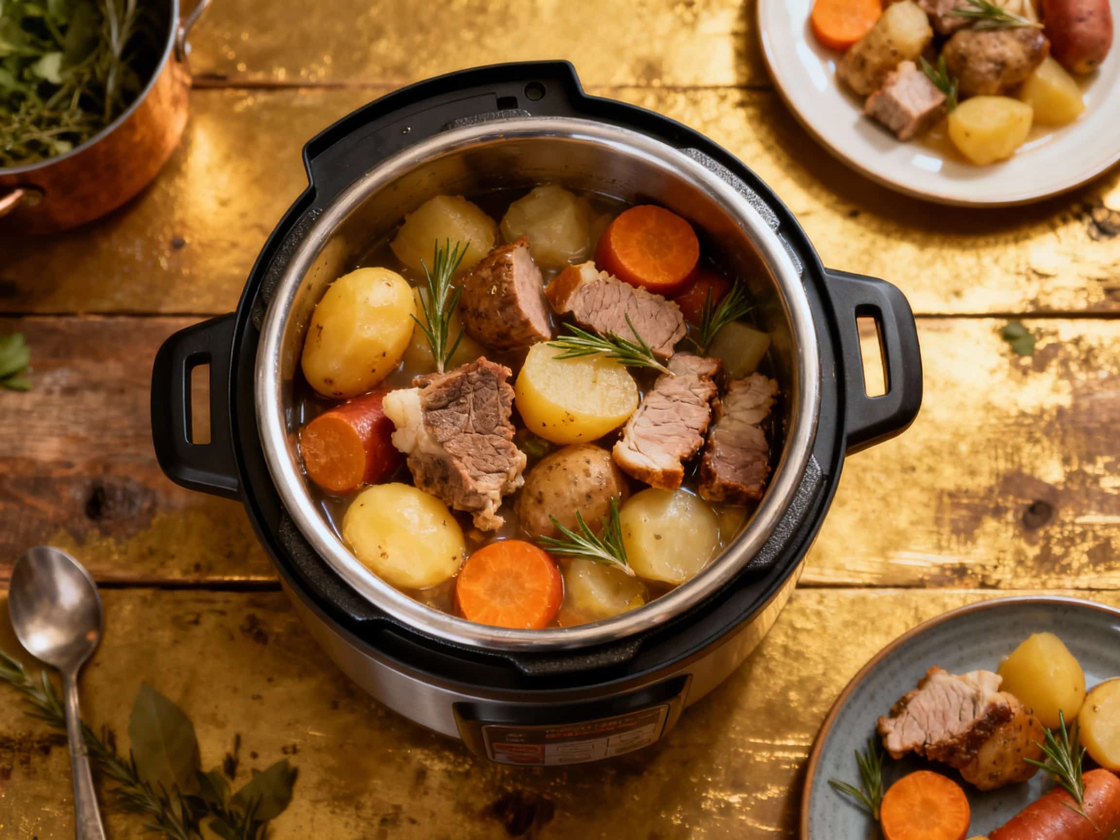 Tender, savory mini cozido is artfully arranged in a dark stoneware bowl with a swirl of broth and a sprig of parsley, ready to be enjoyed.