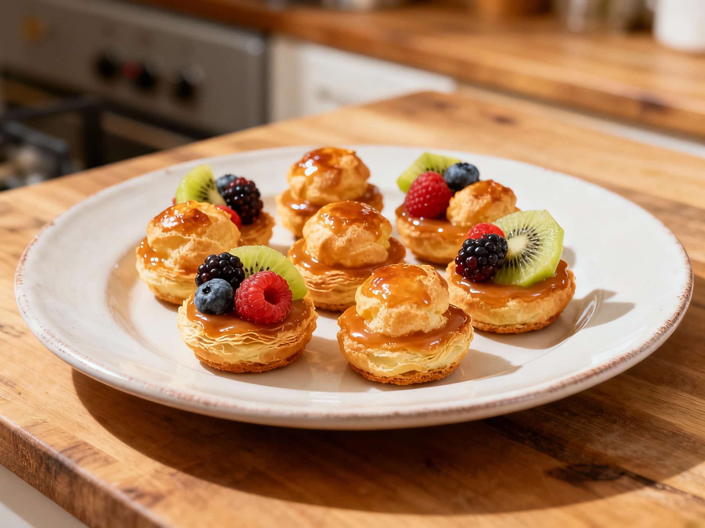 Golden puff pastry shells cradle sweet pastry cream and are topped with vibrant, fresh glazed berries for an elegant bite-sized dessert.