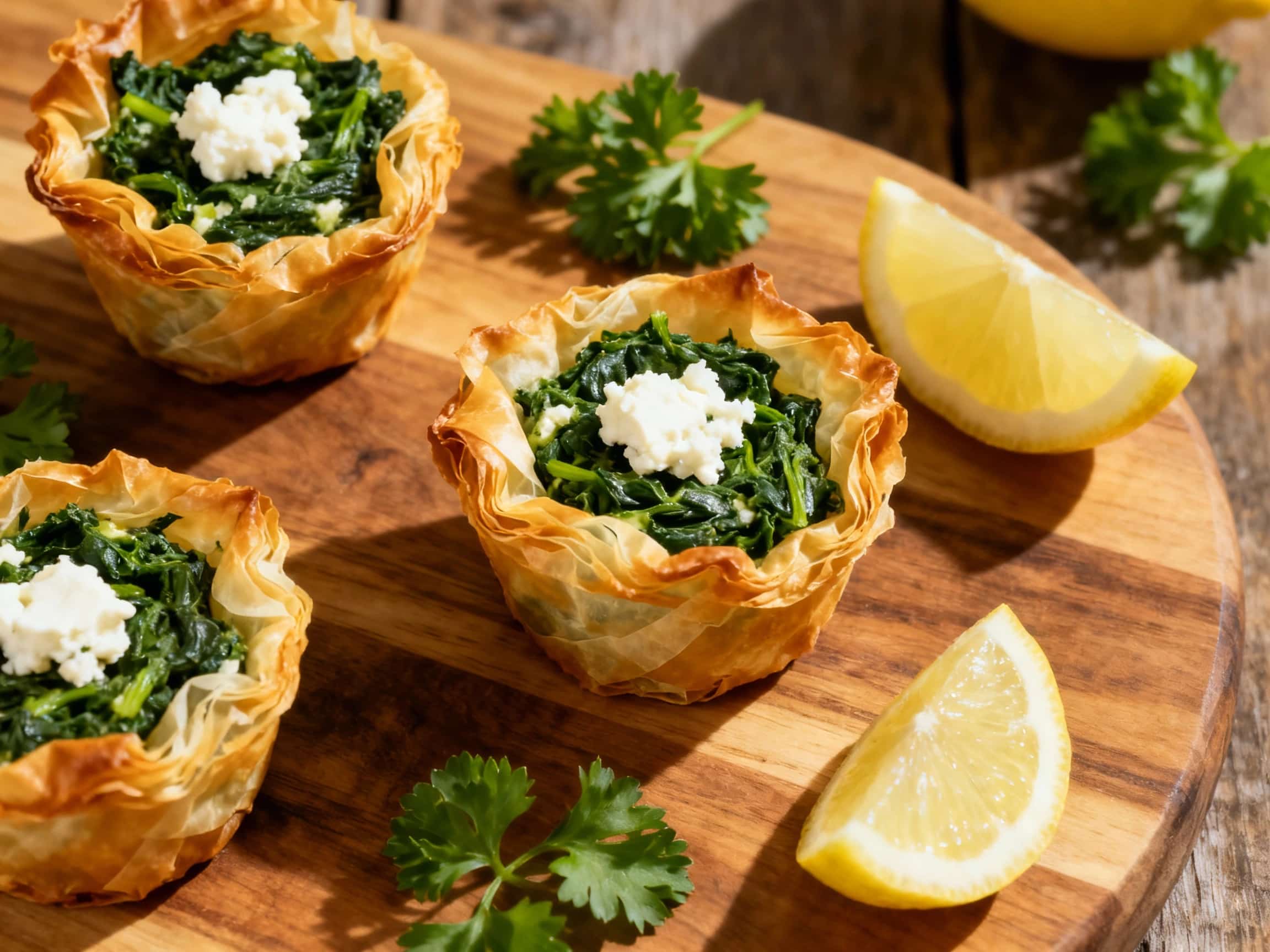 Golden-brown mini spanakopita muffins, baked in a muffin tin and lightly garnished with sesame seeds, sit invitingly on a rustic wooden board.