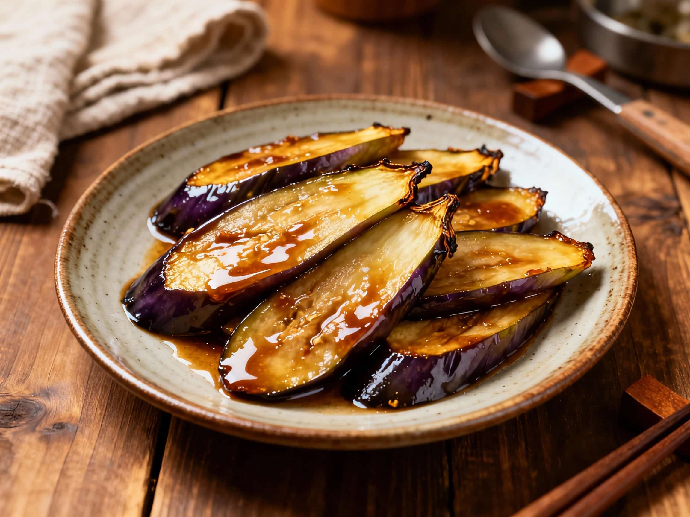 A rustic stoneware bowl holds a generous serving of glistening, deep purple miso-glazed eggplant pickles. The tender eggplant slices are artfully arranged, coated in a rich, dark glaze. Bright green chopped chives are sprinkled over the top, along with a vibrant red chili sliver, adding a pop of color. The dish is presented on a weathered wooden surface, suggesting a natural and wholesome setting