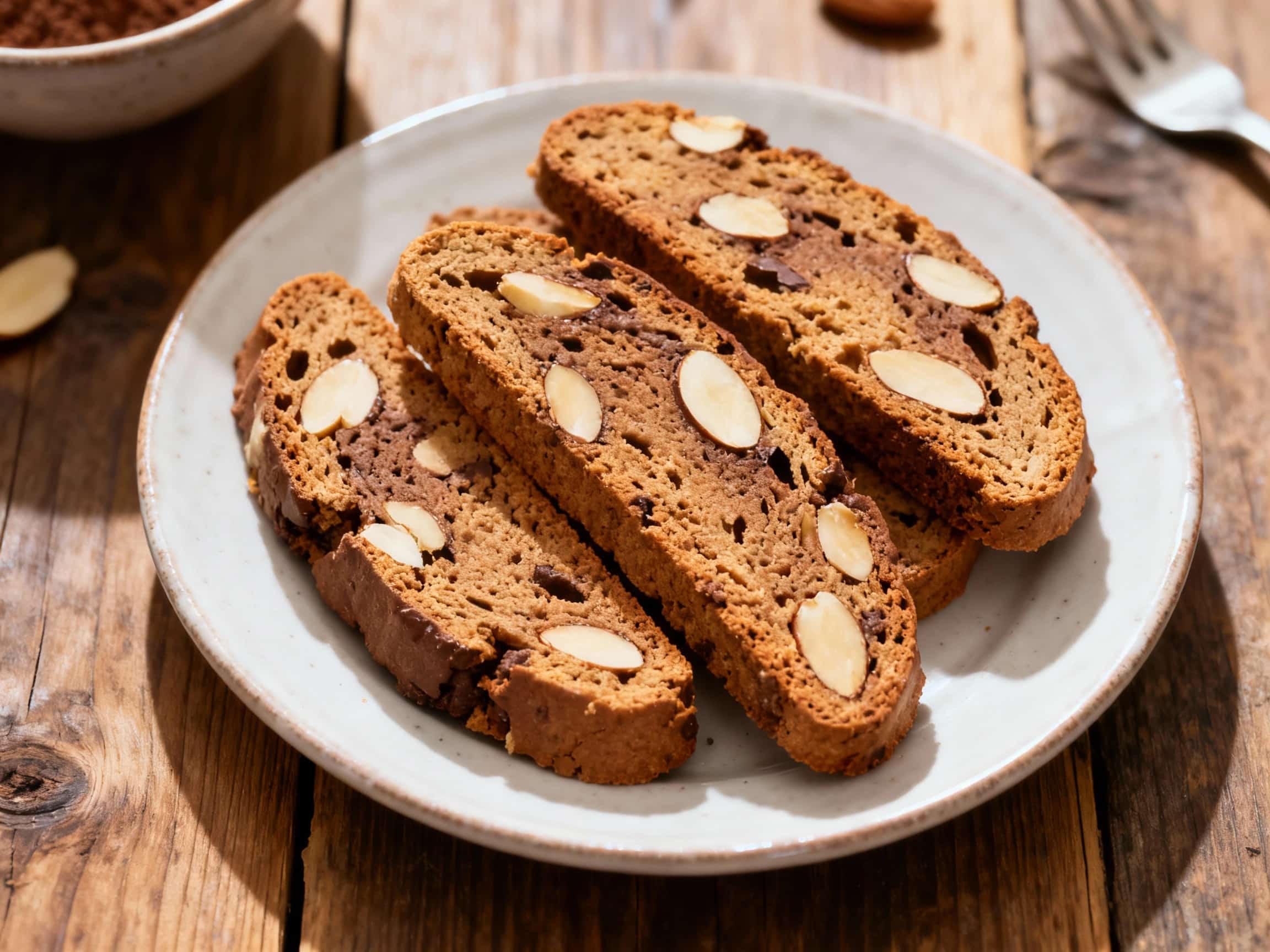 A rustic wooden board holds several pieces of golden-brown Mocha Almond Biscotti. Some biscotti are partially dipped in melted dark chocolate, showcasing a smooth, glossy finish. In the background, out of focus, are scattered dark roasted coffee beans and a steaming mug of coffee, suggesting a perfect pairing. The scene is warm and inviting, highlighting the homemade quality and rich flavors of th
