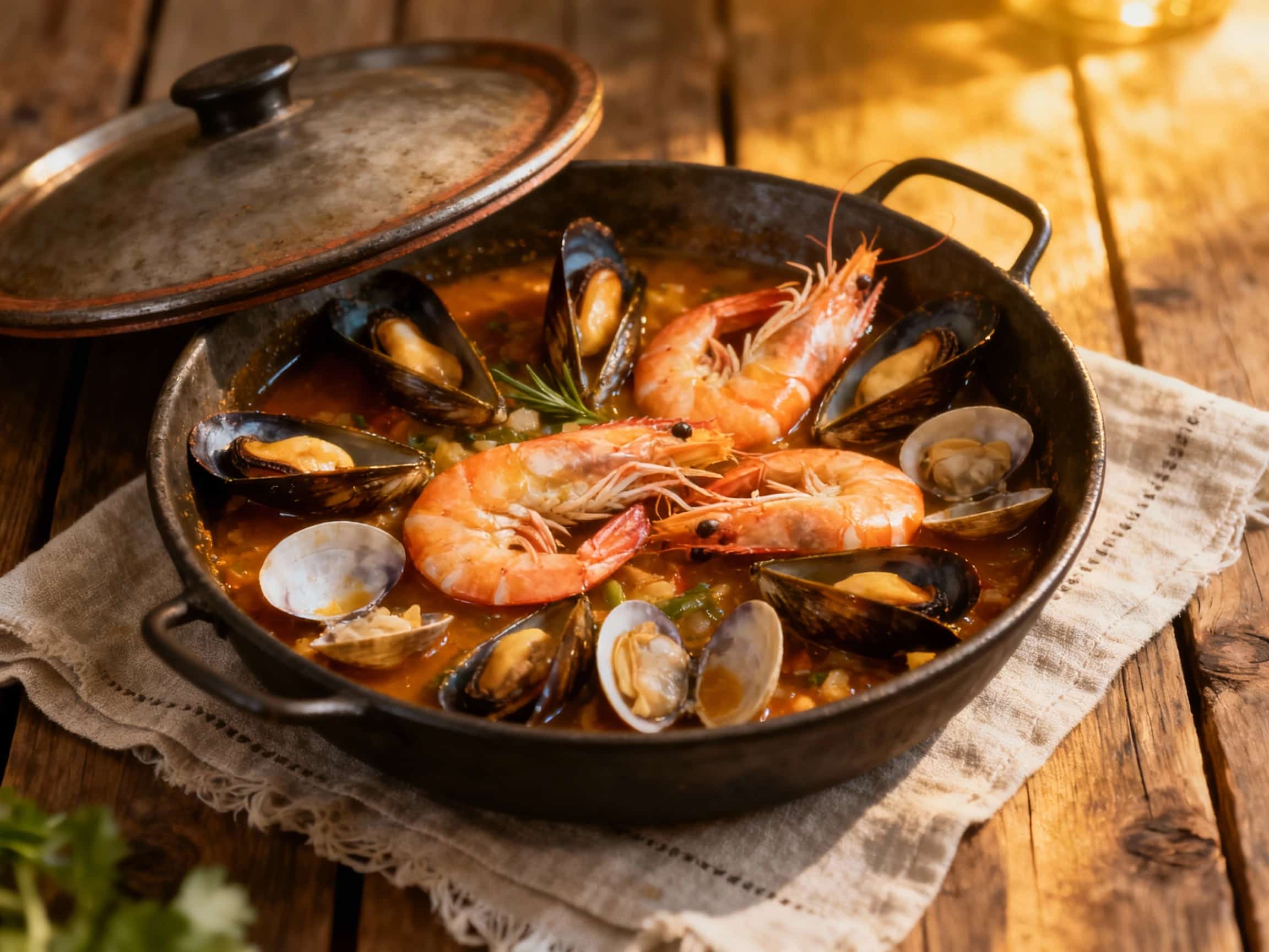 A steaming, copper cataplana pot overflows with a vibrant Portuguese seafood stew, featuring mussels, clams, shrimp, and chunks of fish in a rich tomato broth, garnished with fresh parsley.