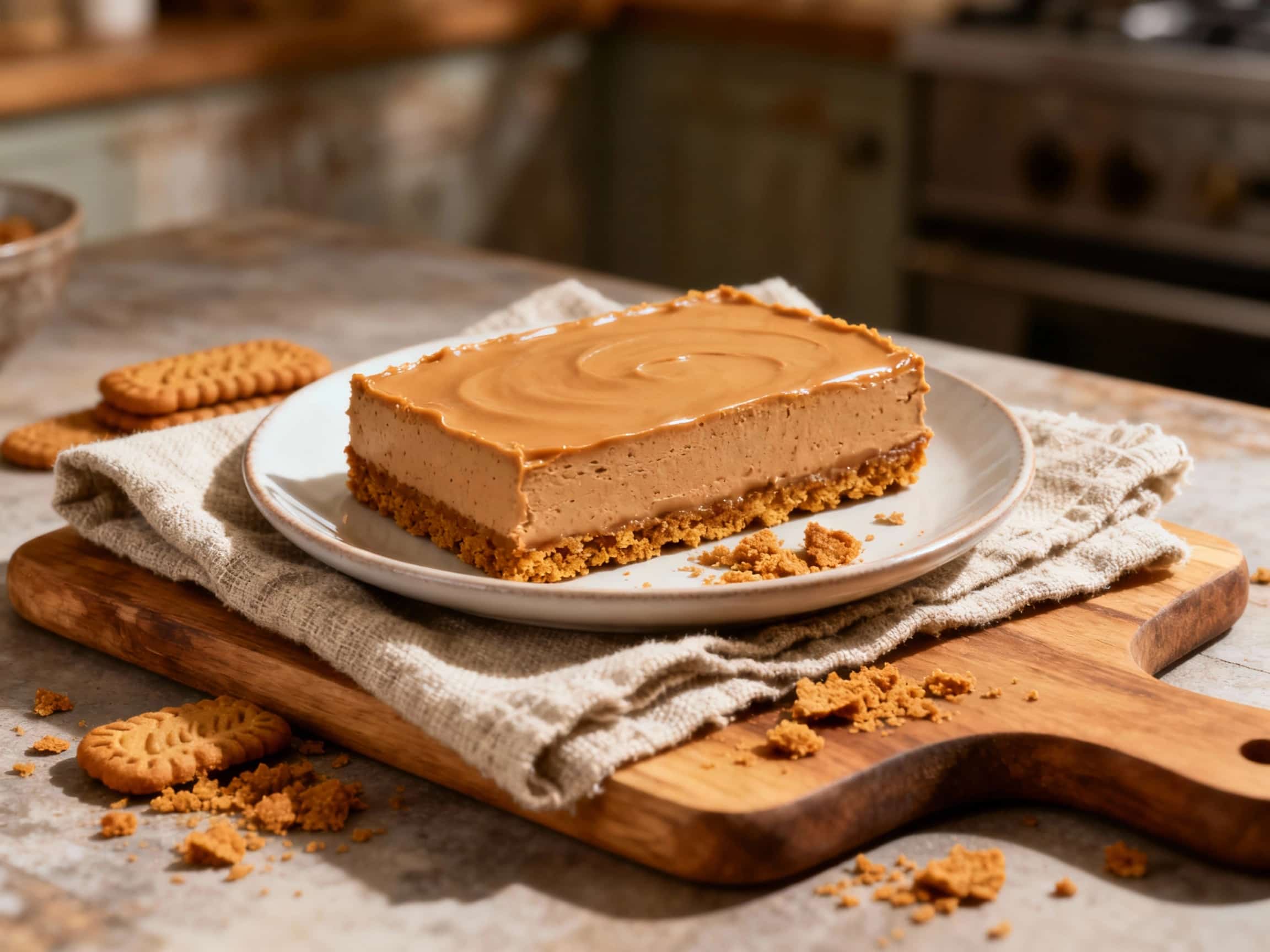Decadent speculoos mousse bars are artfully arranged on a white plate, drizzled with caramel sauce and sprinkled with cookie crumbs, embodying a rich and inviting dessert experience.