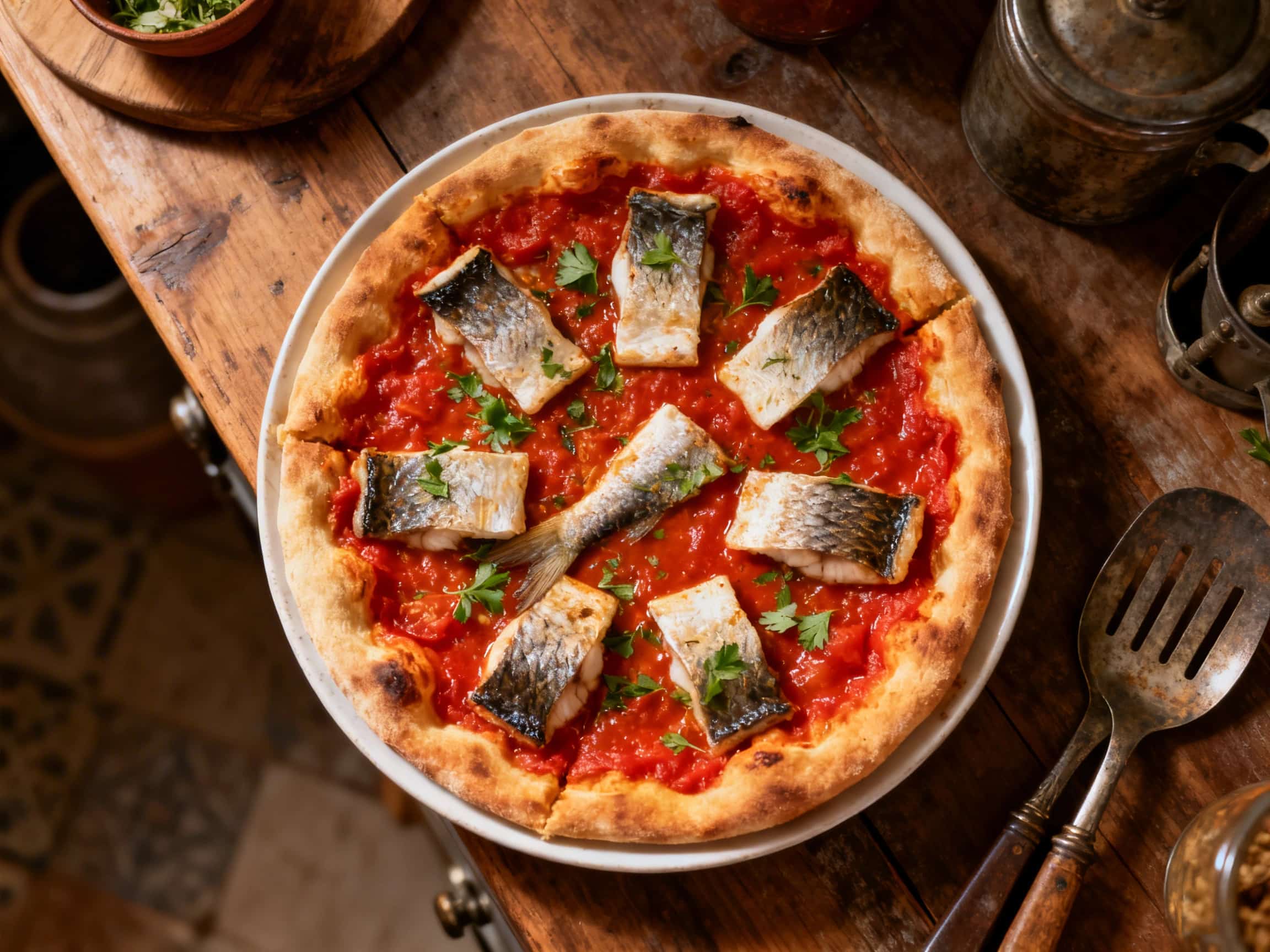 A colorful Brazilian pizza, featuring a generous topping of Moqueca fish stew, sits proudly on a rustic wooden board. The topping reveals tender, flaky white fish amidst vibrant red and yellow bell pepper strips, diced tomatoes, and fresh green cilantro leaves, all glistening from the rich coconut milk and dendê oil. The pizza crust is golden and lightly charred at the edges, hinting at its crisp