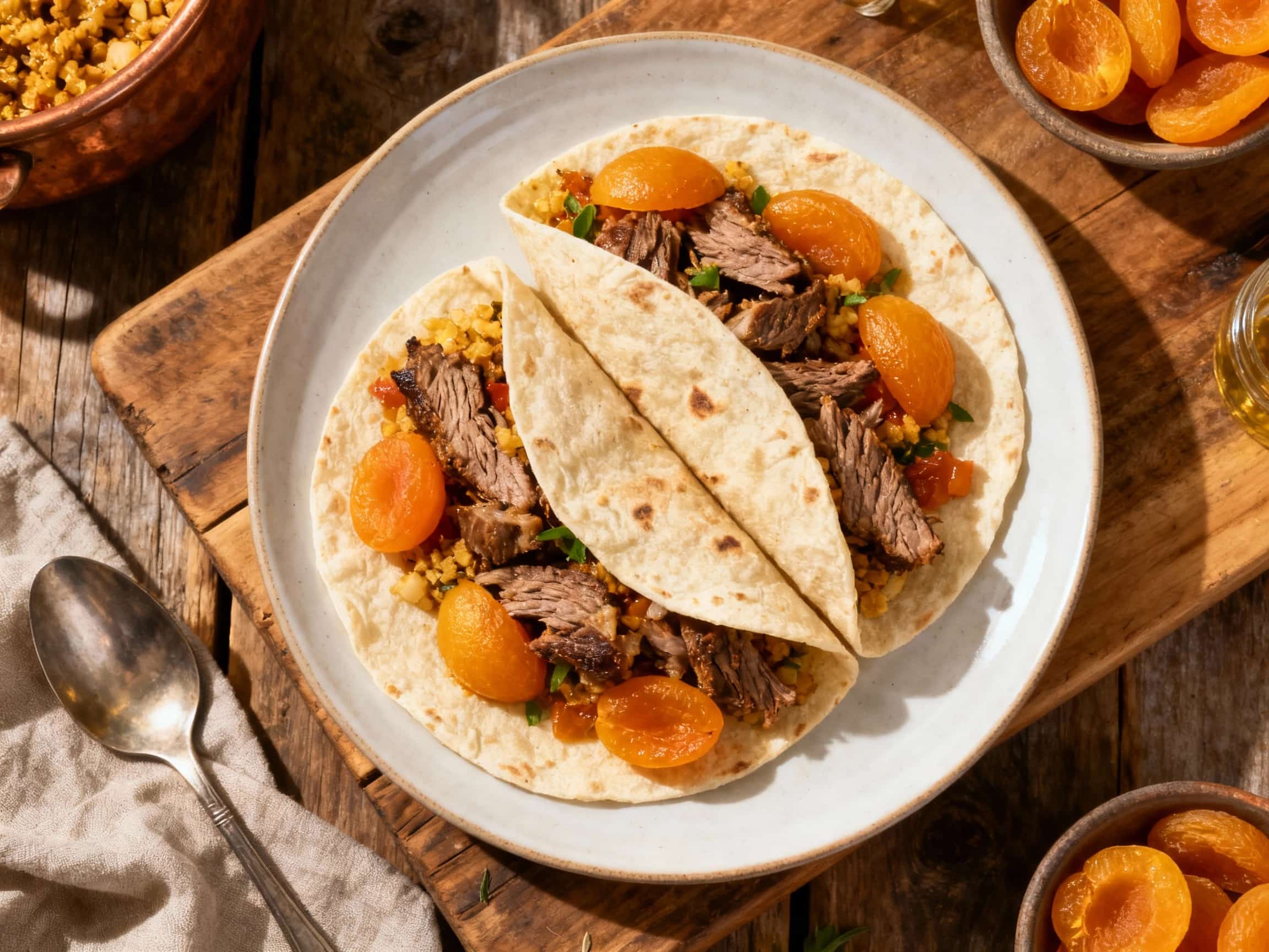 Tender lamb and sweet apricots are tucked into soft flatbread, adorned with fresh mint and a sprinkle of cumin, creating a vibrant and flavorful Moroccan wrap.