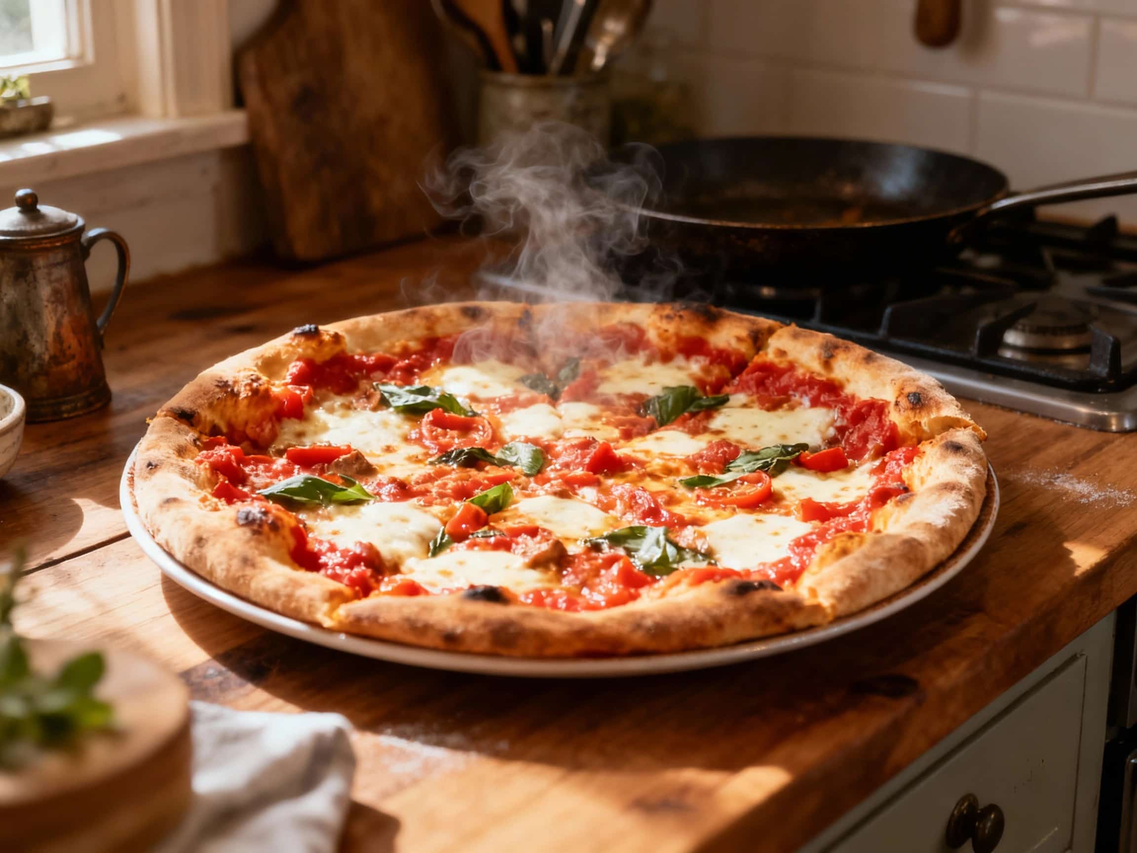 A rustic wooden cutting board showcases two distinct pizzas: one a classic Neapolitan with a blistered, airy crust, vibrant tomato sauce, and fresh mozzarella, the other a New York slice with a thinner, foldable crust and glistening cheese.