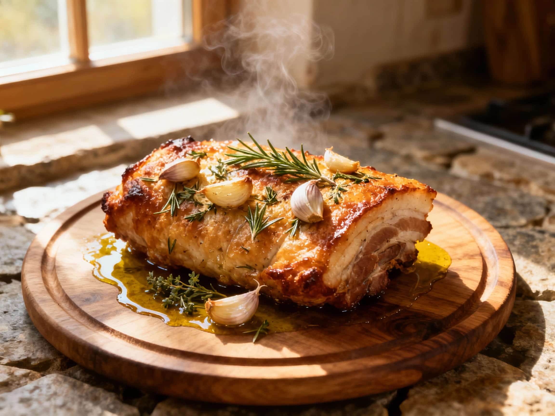 A golden-brown, roasted pork loin, generously coated in fragrant garlic and herb seasoning, sits glistening on a rustic wooden board, ready to be carved.