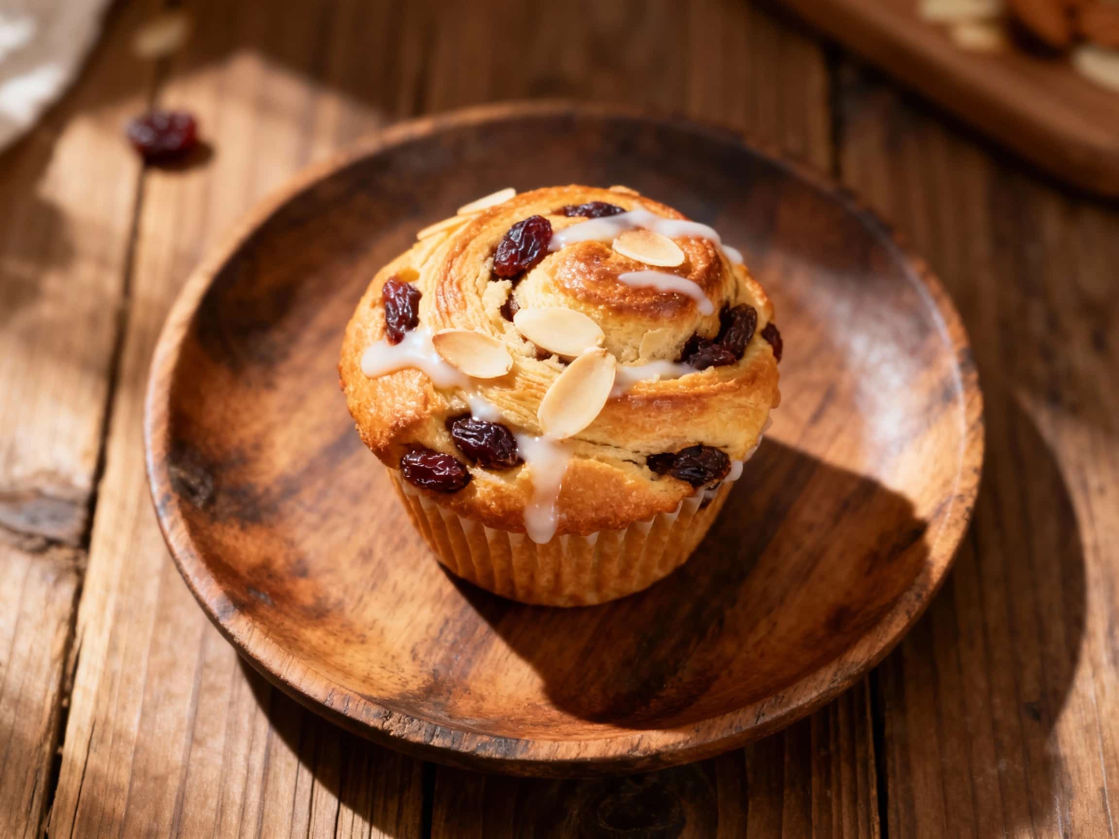 Golden-brown, individual muffins flecked with plump raisins are dusted with powdered sugar, showcasing a rustic, comforting presentation suitable for any breakfast spread.