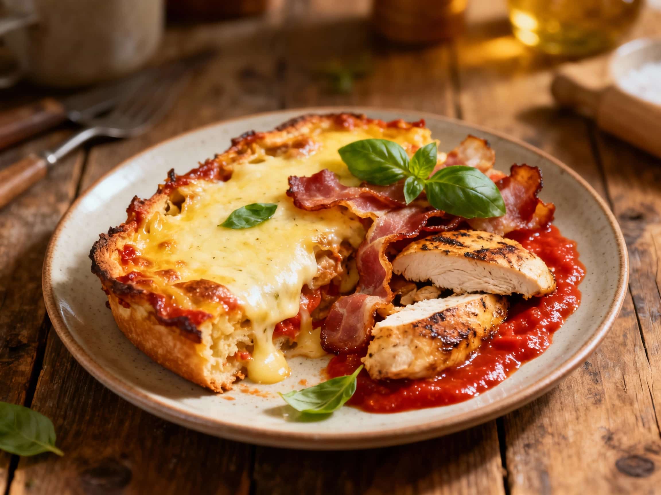 A rustic white ceramic dish brims with a deconstructed Parma pizza bake, featuring layers of tender pasta, savory prosciutto, sweet tomatoes, and melted mozzarella cheese, all bathed in warm light.
