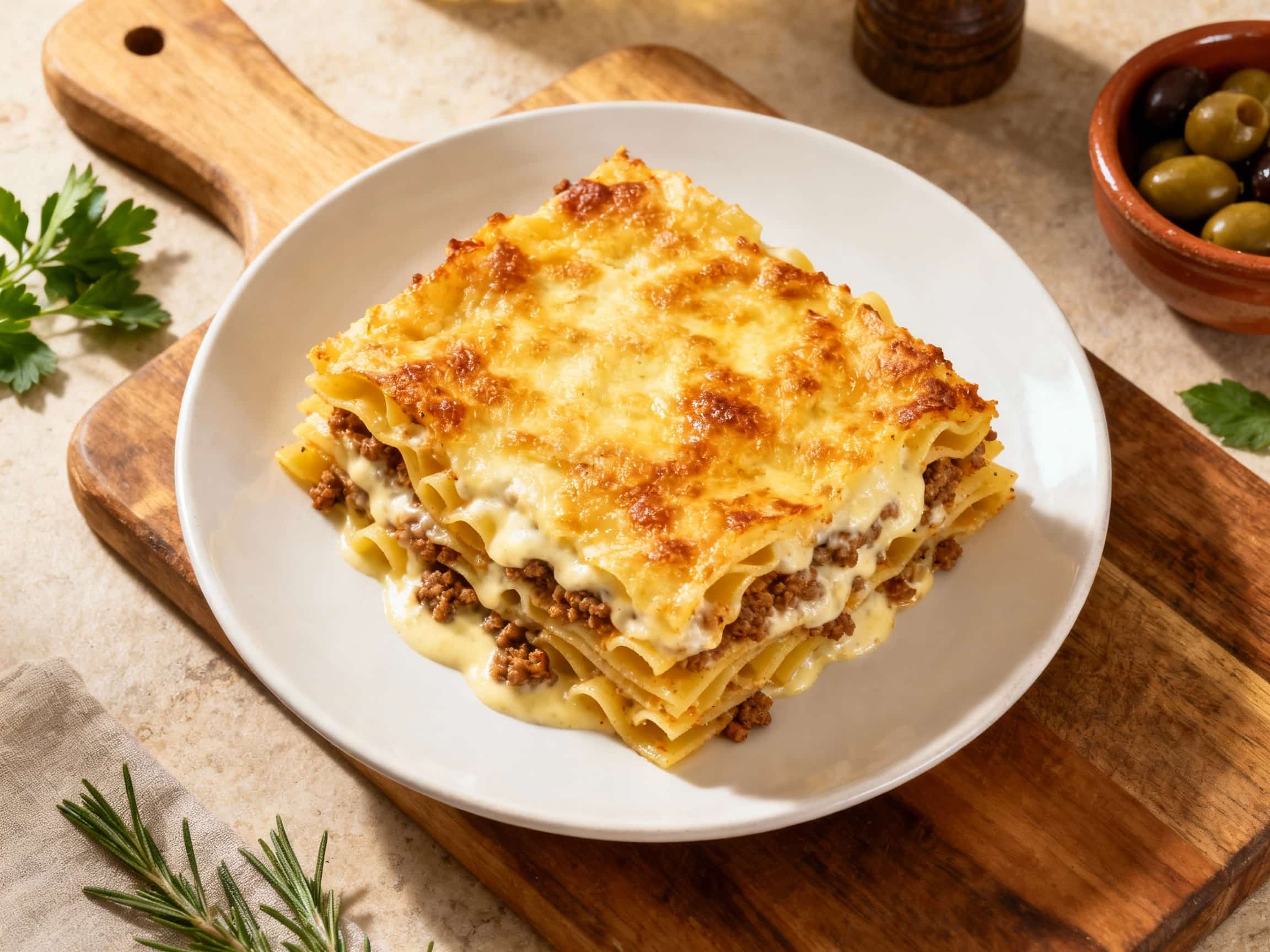 A golden-brown baked pastitsio, layered with pasta, rich meat sauce, and creamy béchamel, is presented in a rustic terracotta dish, dusted with cinnamon for a classic Crete-style finish.