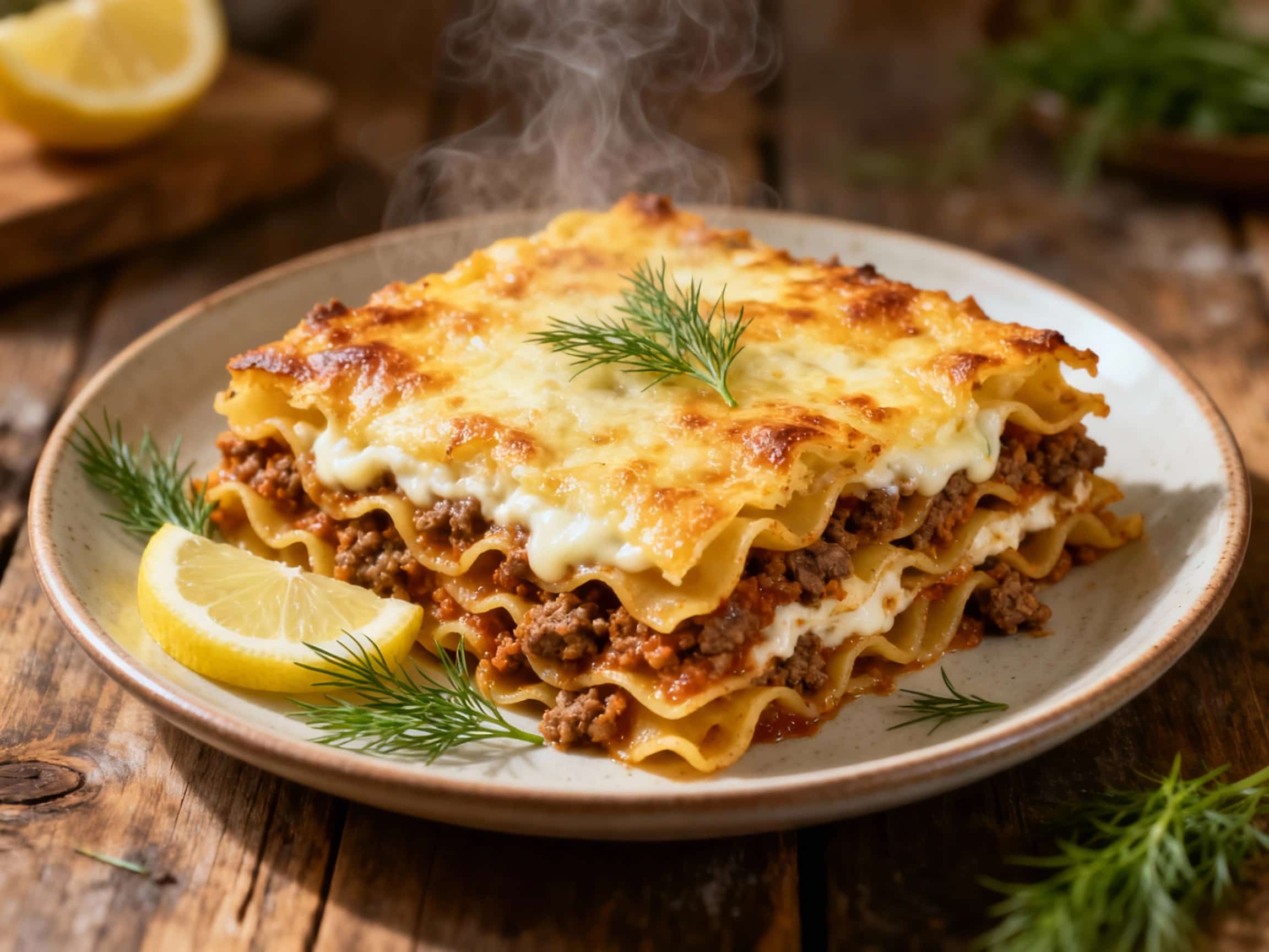 A golden-brown, baked pastitsio casserole topped with a creamy béchamel sauce and fresh dill, glistening under warm light, promising a comforting and flavorful Greek-inspired lamb dish.