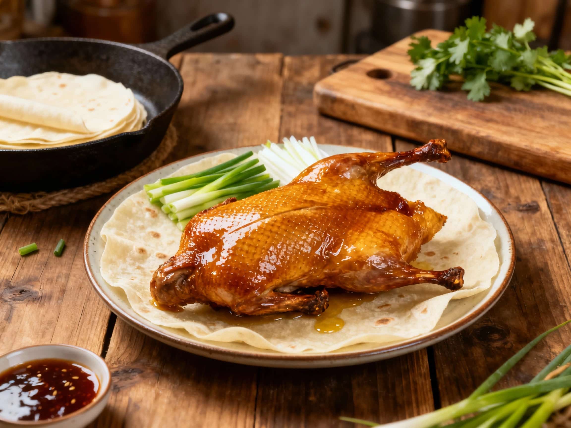 Crispy duck confit legs, inspired by Peking duck, are glistening with a rich, dark glaze and served with vibrant green garnish on a rustic wooden board.