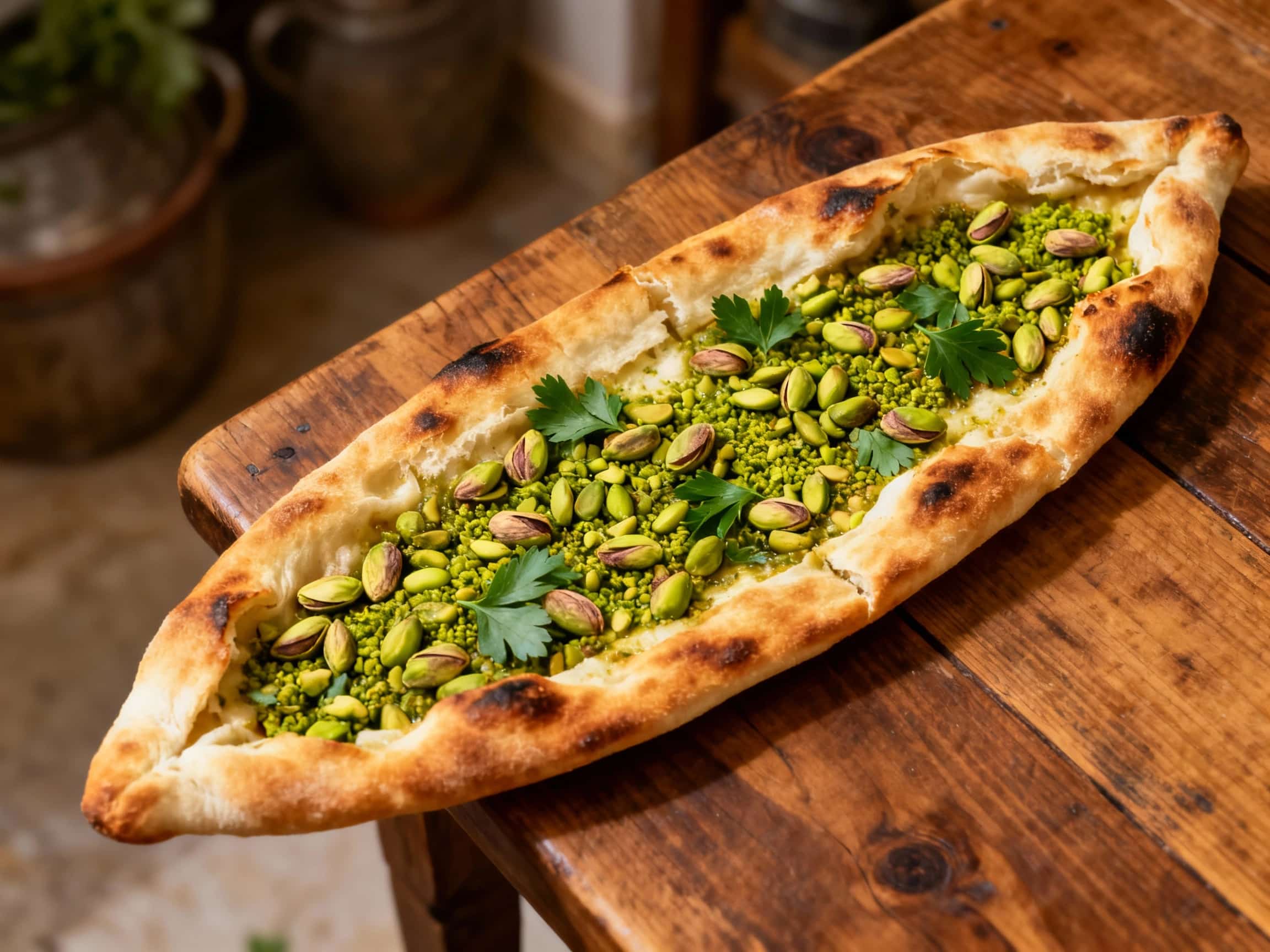 Puffy golden-brown Turkish pide, generously topped with vibrant green pistachios, fresh herbs, and a swirl of olive oil, sits on a rustic wooden board.