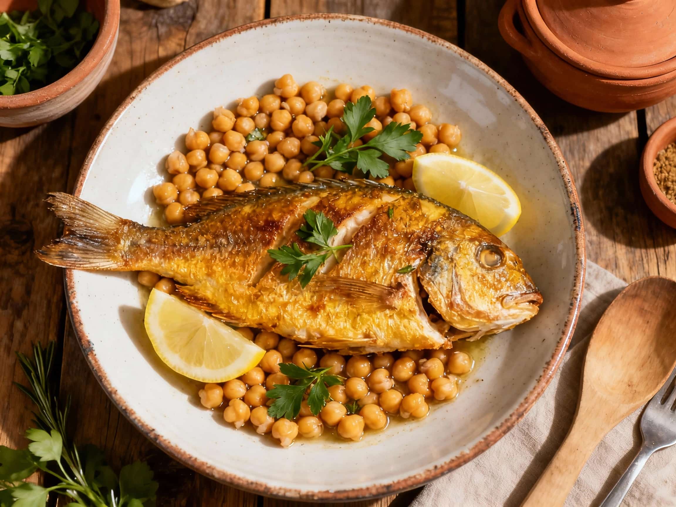 Flaky baked white fish, olives, and tender chickpeas bathe in a rich tomato sauce, topped with fresh parsley and lemon slices, creating a vibrant Mediterranean feast.