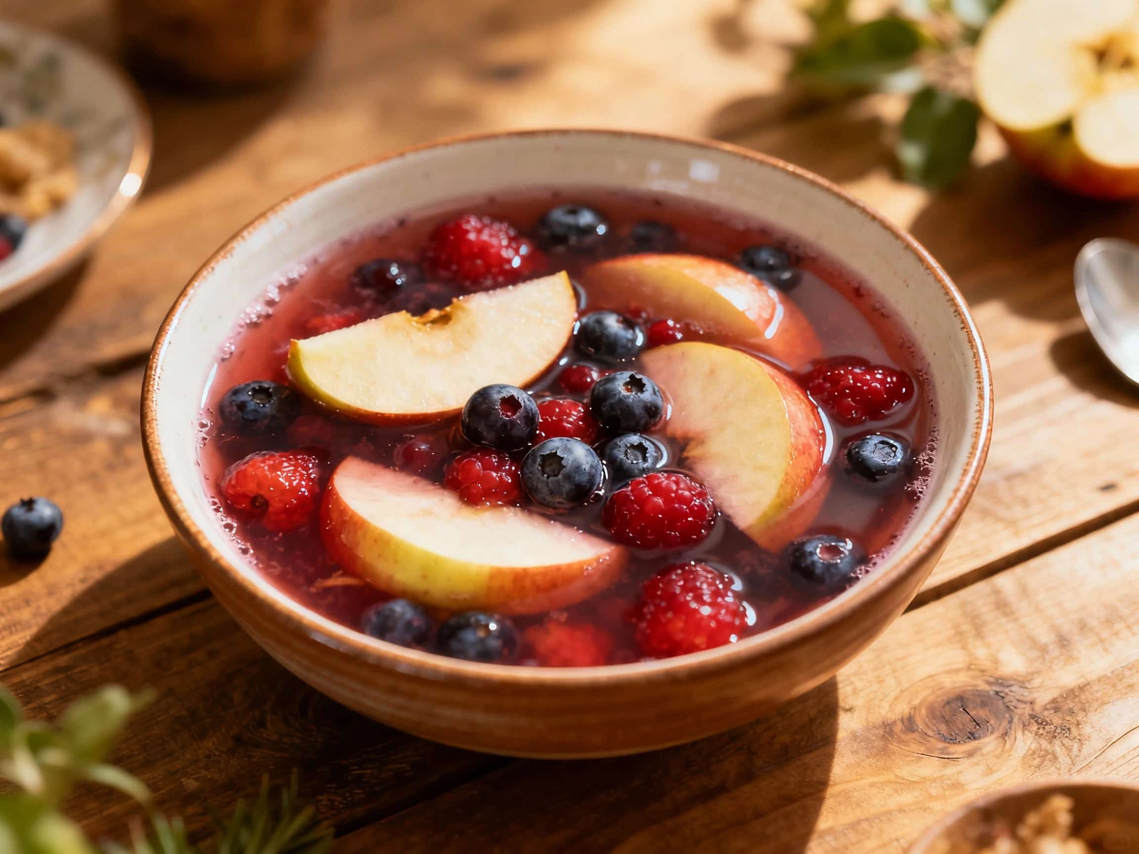 A steaming mug of Ukrainian Uzvar, a deep ruby liquid, is topped with fresh berries and apple slices, set against a cozy, dimly lit kitchen background.
