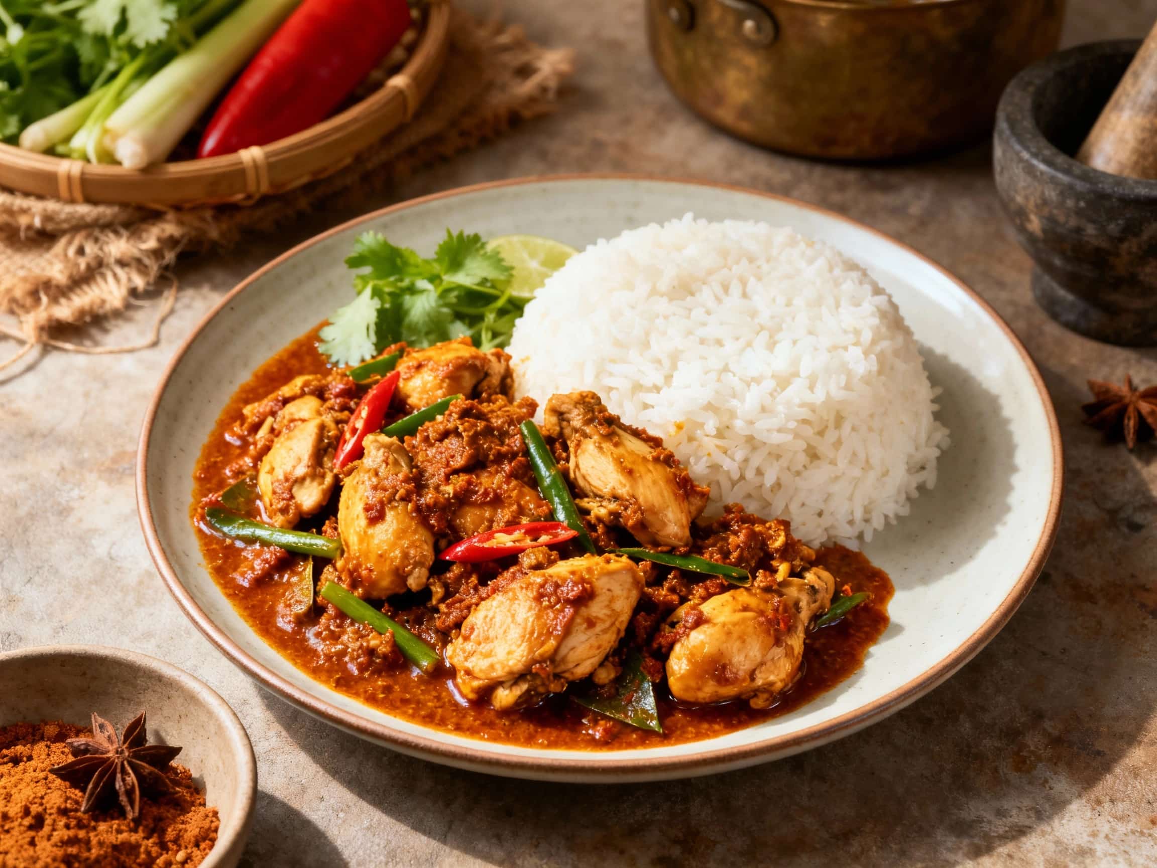A delicious plate of Quick Chicken Rendang Stir-Fry, showcasing succulent chicken and crisp vegetables in a flavorful, aromatic sauce. It's garnished with fresh cilantro and served in a simple bowl, ready to be enjoyed with rice. The dish looks vibrant, spicy, and authentically Indonesian.