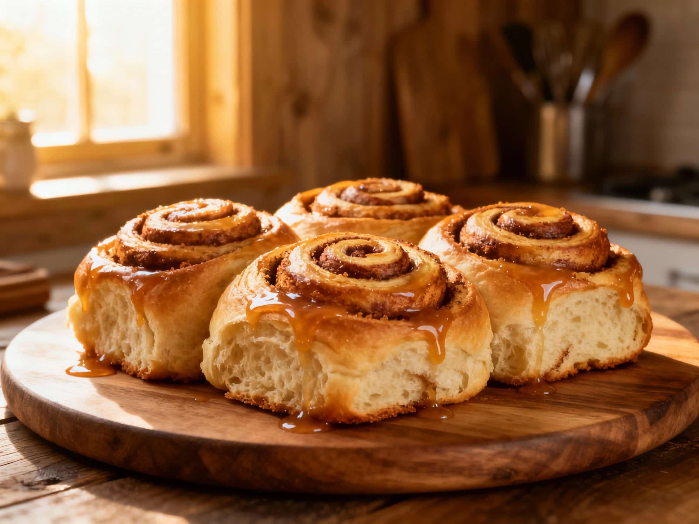 Warm, golden-brown cinnamon buns spiral upwards, generously drizzled with creamy white frosting and dusted with a hint of cinnamon sugar against a blurred, cozy background.