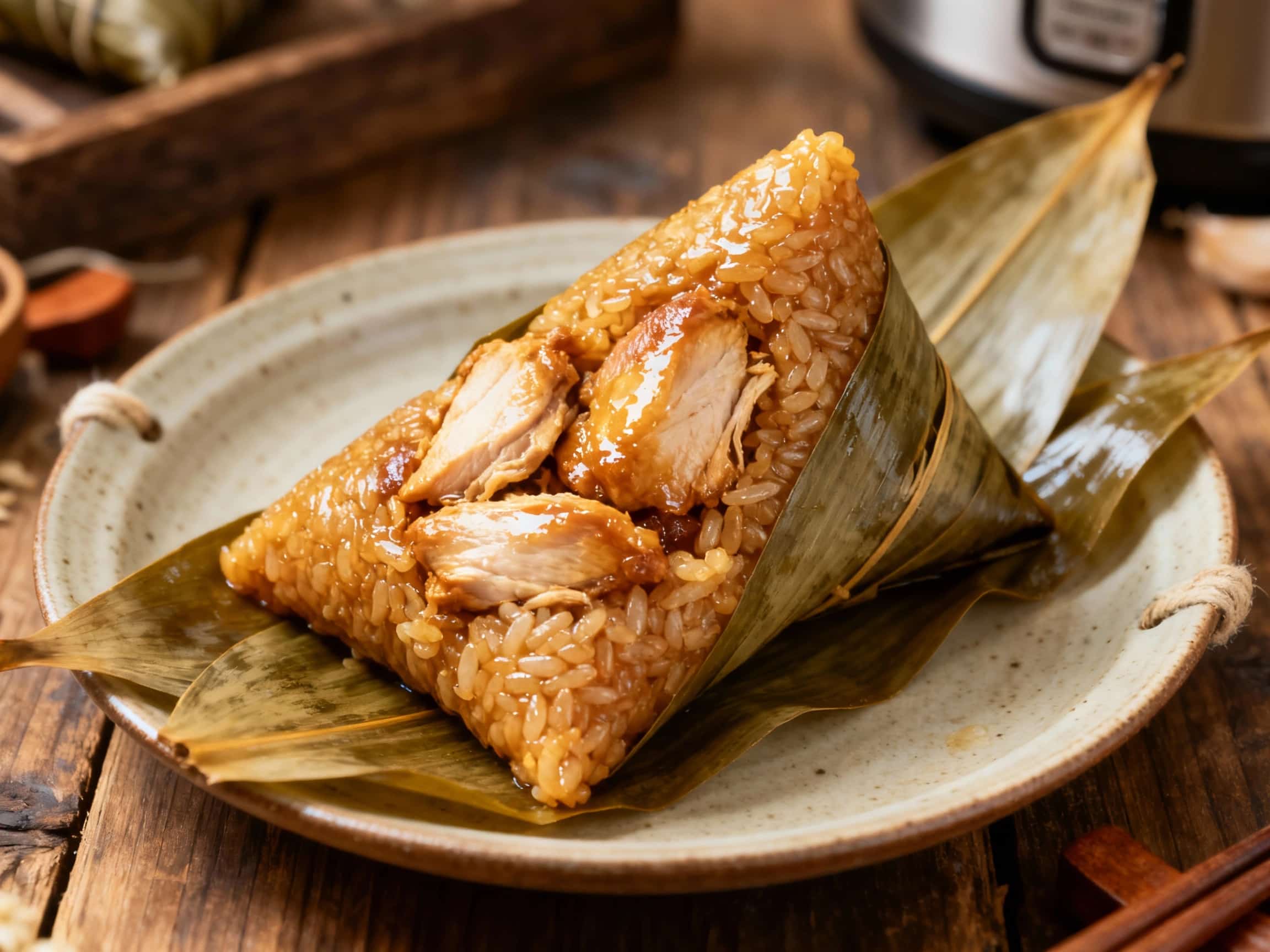 Plump, glistening chicken zongzi, bound by bamboo leaves, rest invitingly on a white plate, hinting at a comforting, savory meal.