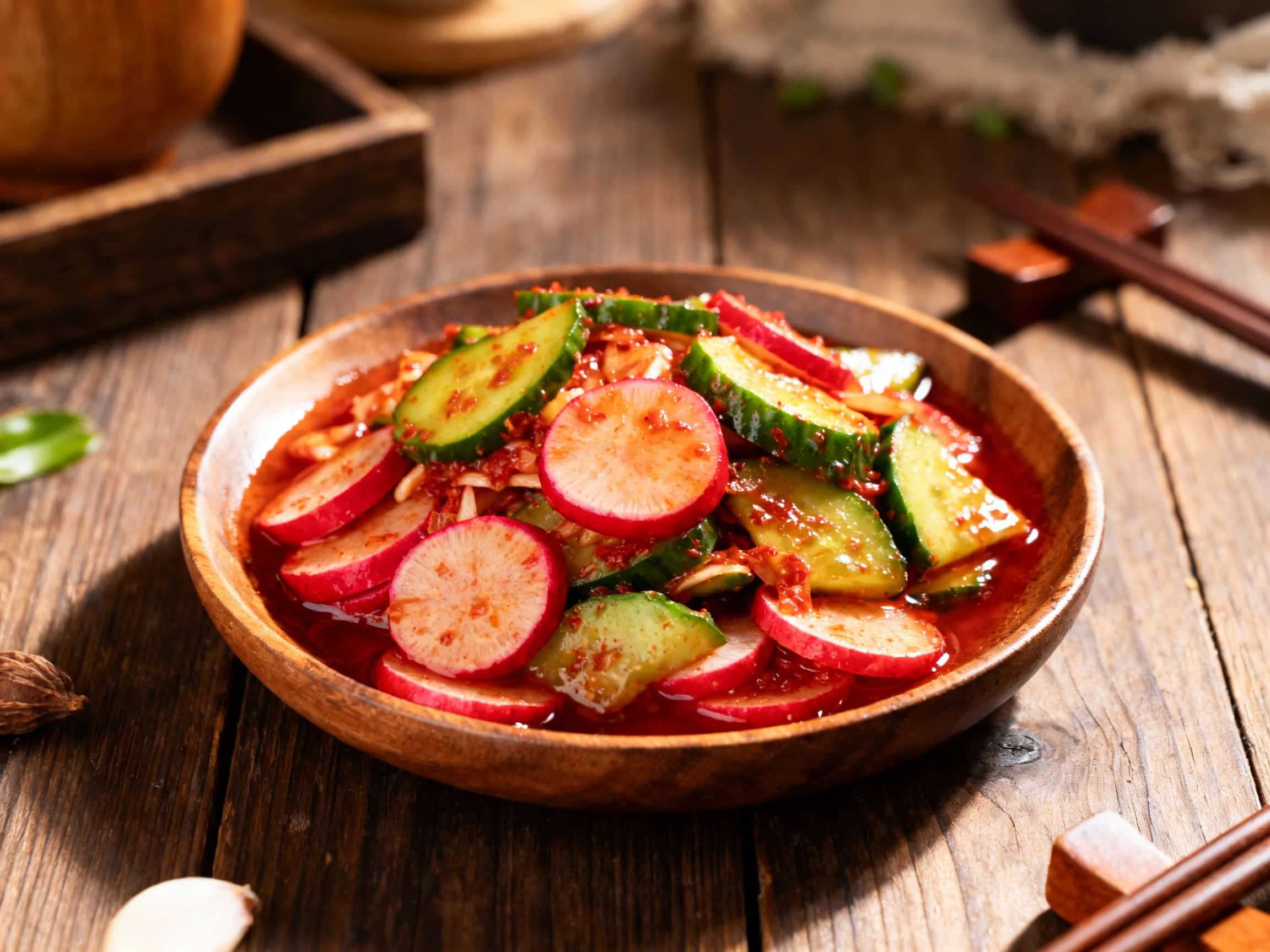 A vibrant bowl of thinly sliced kimchi radishes and cool cucumbers is lightly dressed, creating a refreshing and colorful side dish perfect for any meal.