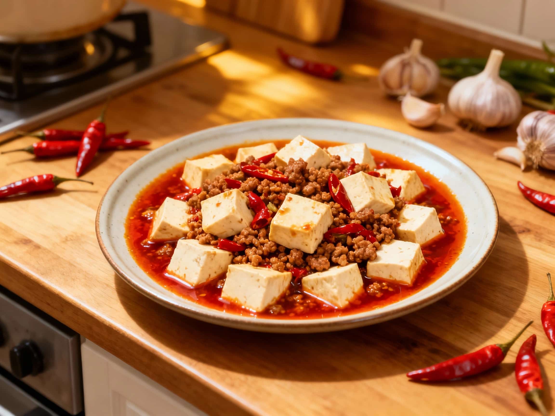 A steaming portion of Mapo Tofu is generously garnished with fresh green scallions and a sprinkle of chili flakes, offering a vibrant and appetizing glimpse of the flavorful stir-fry.