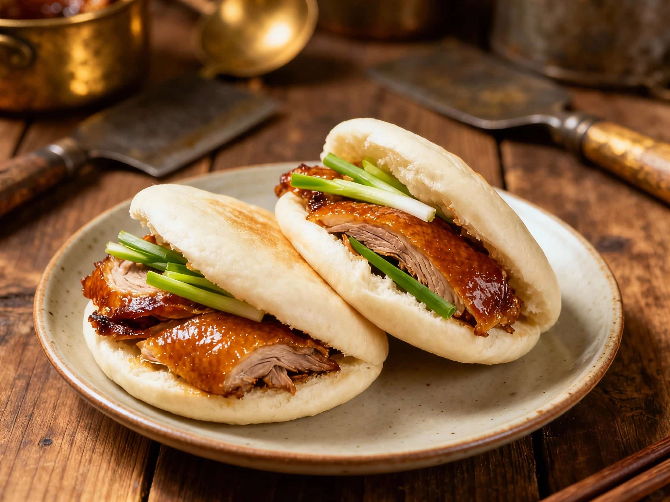 Tender, shredded Peking duck fills fluffy steamed bao buns, garnished with fresh cilantro and a drizzle of rich hoisin sauce, ready to be enjoyed as a delightful bite.